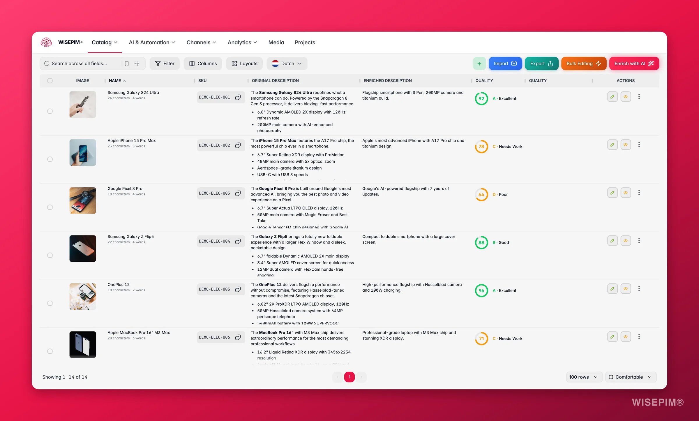 WISEPIM products table with images, categories, quality scores and bulk actions