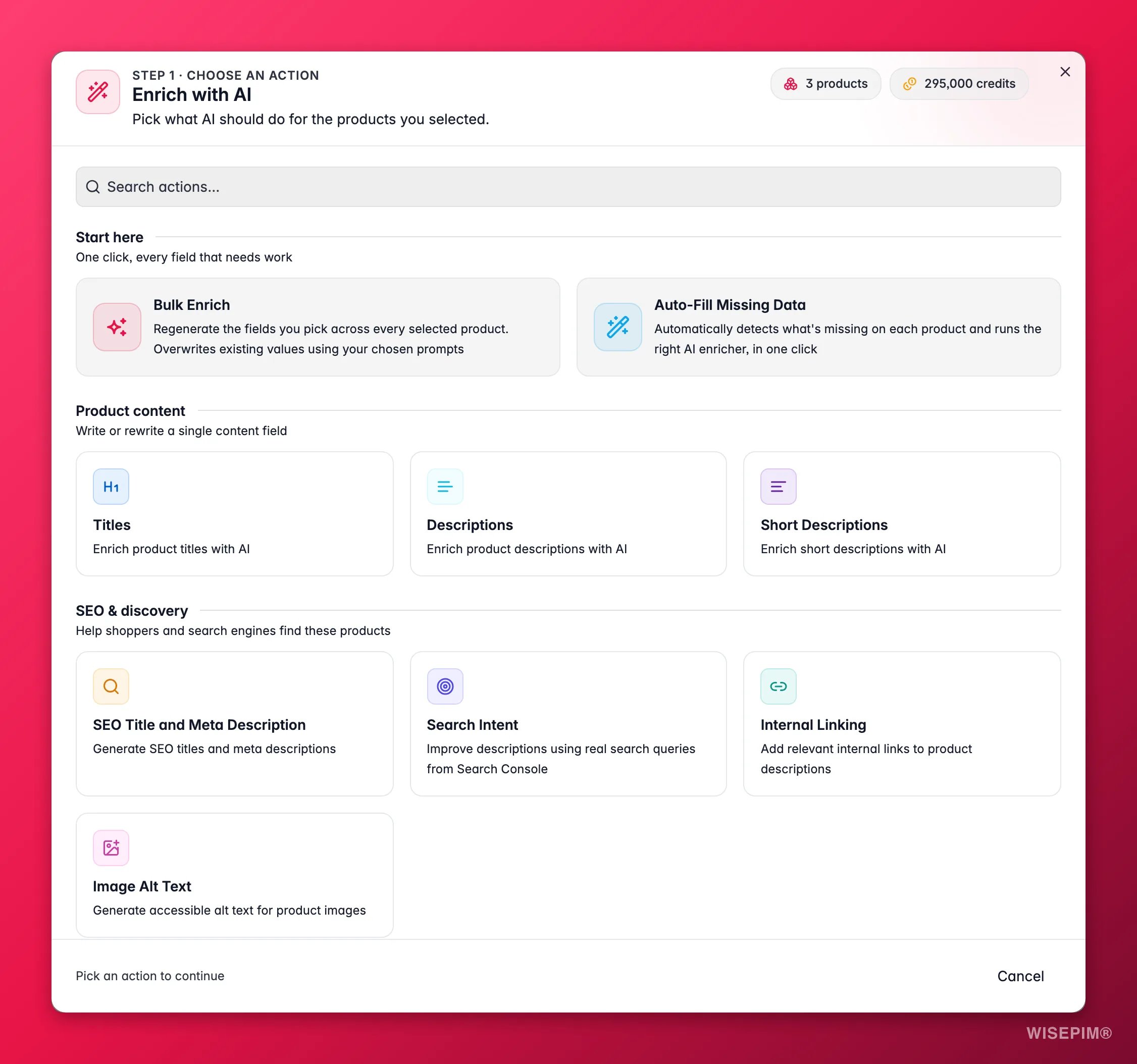 WISEPIM Enrich with AI modal showing all enrichment types