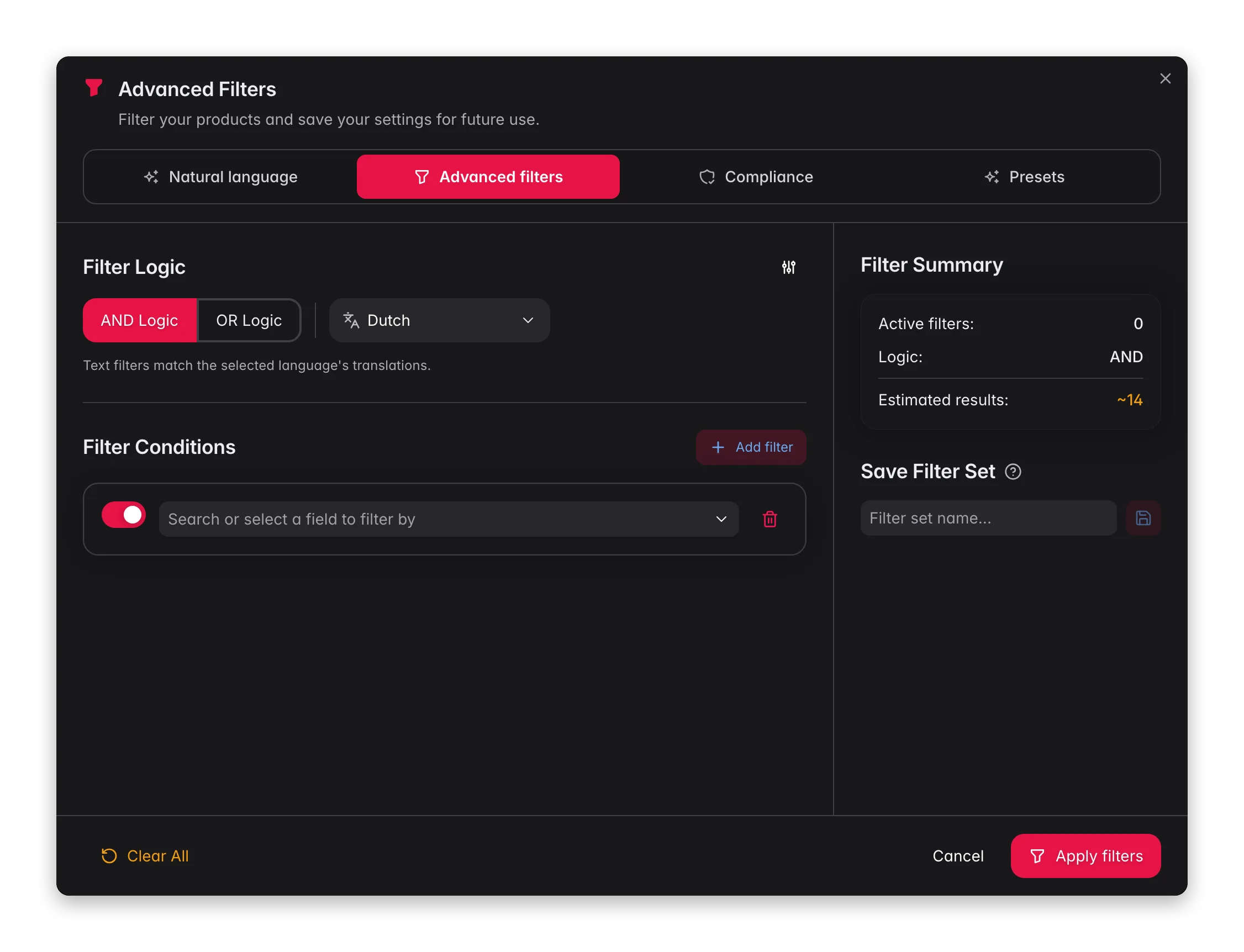 Building advanced product filter conditions in WISEPIM