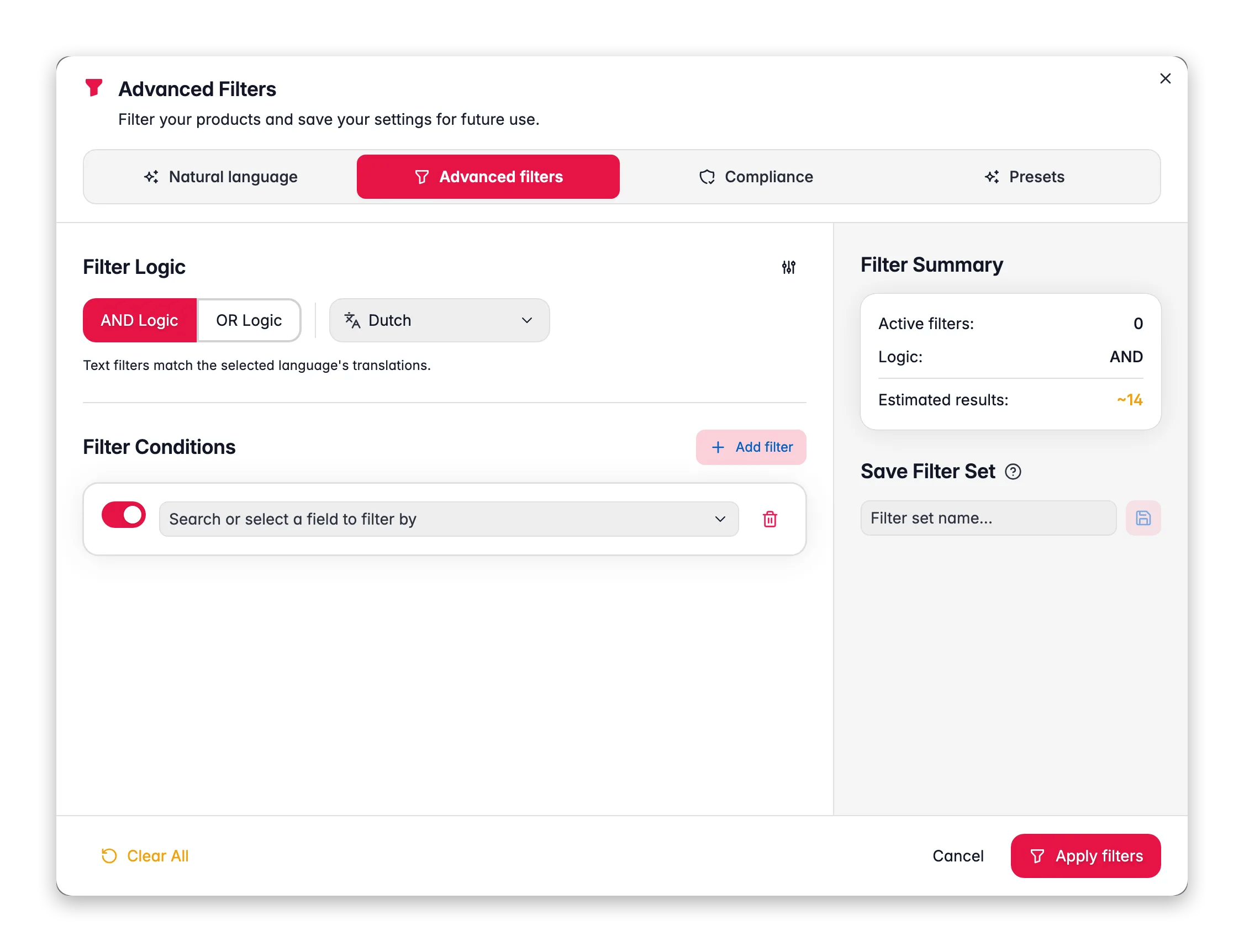 Building advanced product filter conditions in WISEPIM