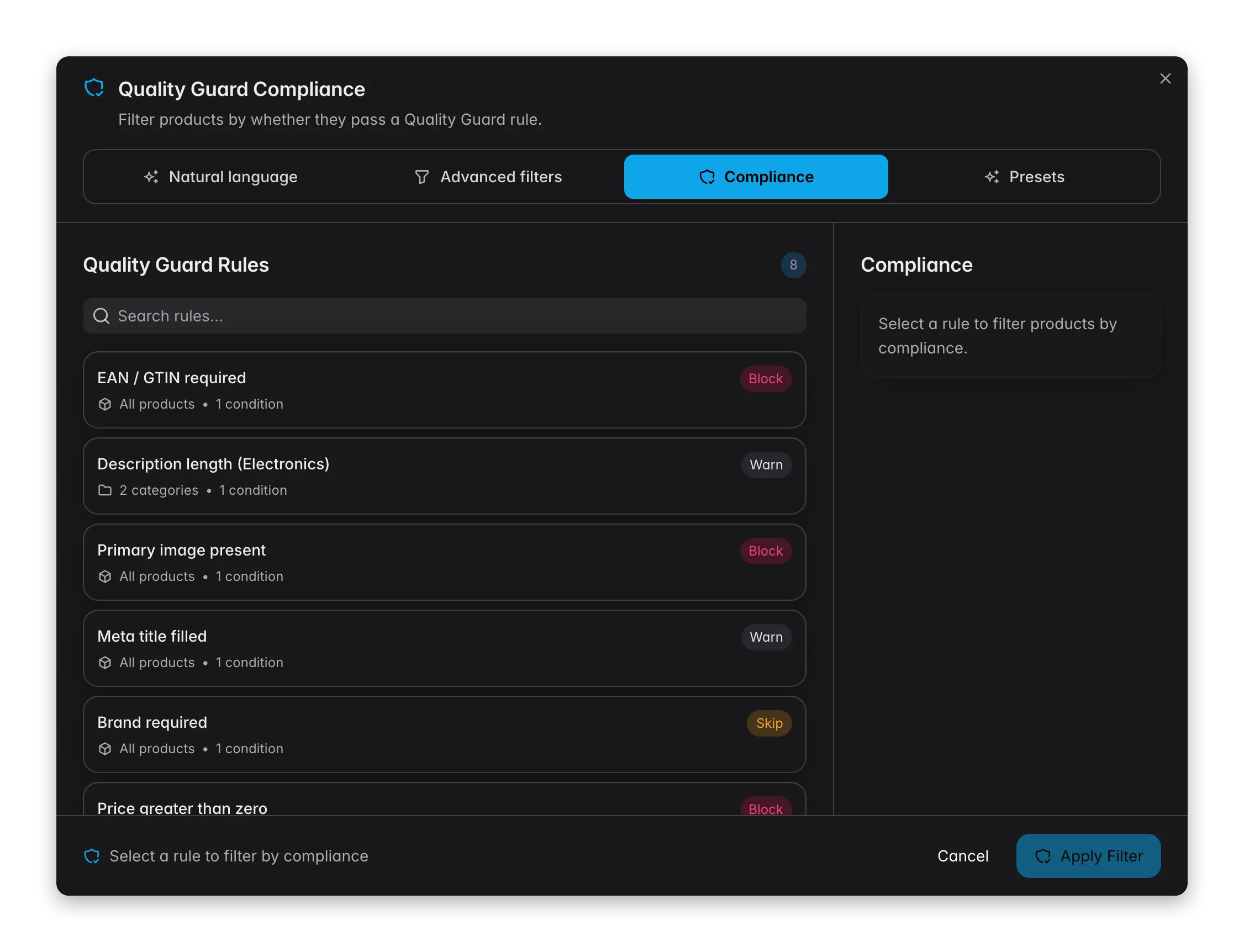 Filtering products by a Quality Guard rule in WISEPIM