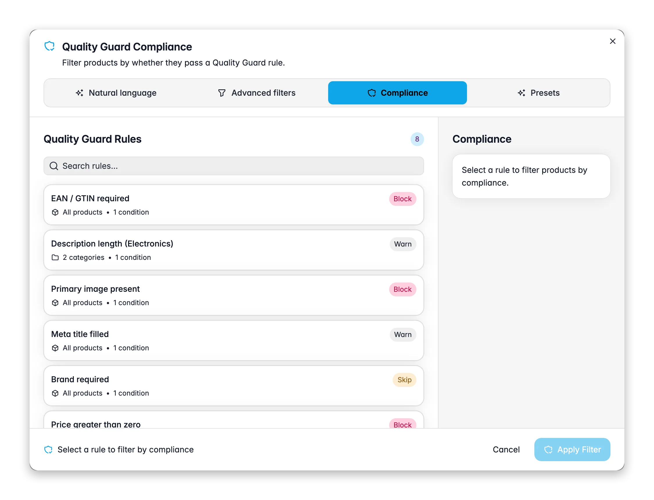 Filtering products by a Quality Guard rule in WISEPIM