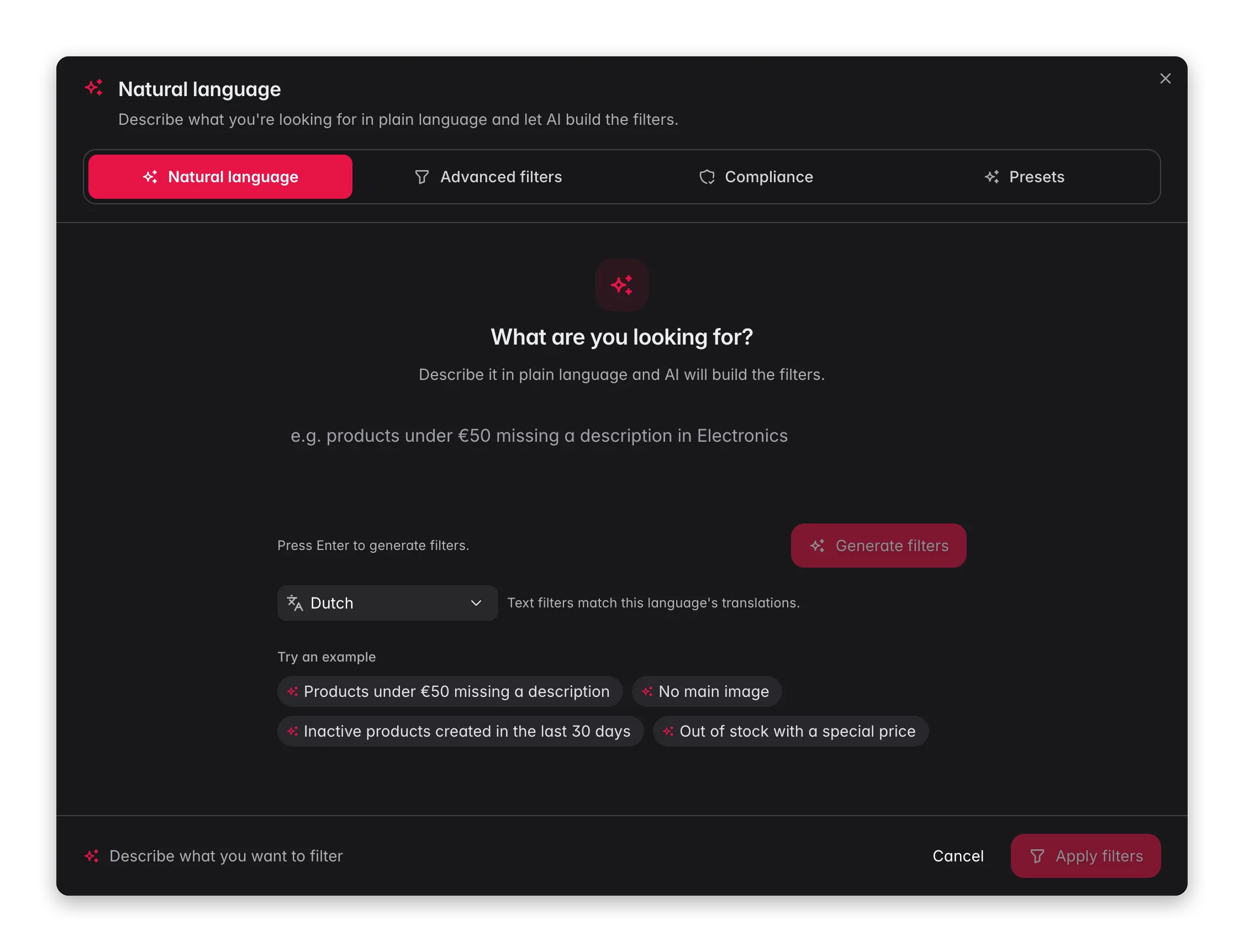 Describing a product filter in plain language in WISEPIM