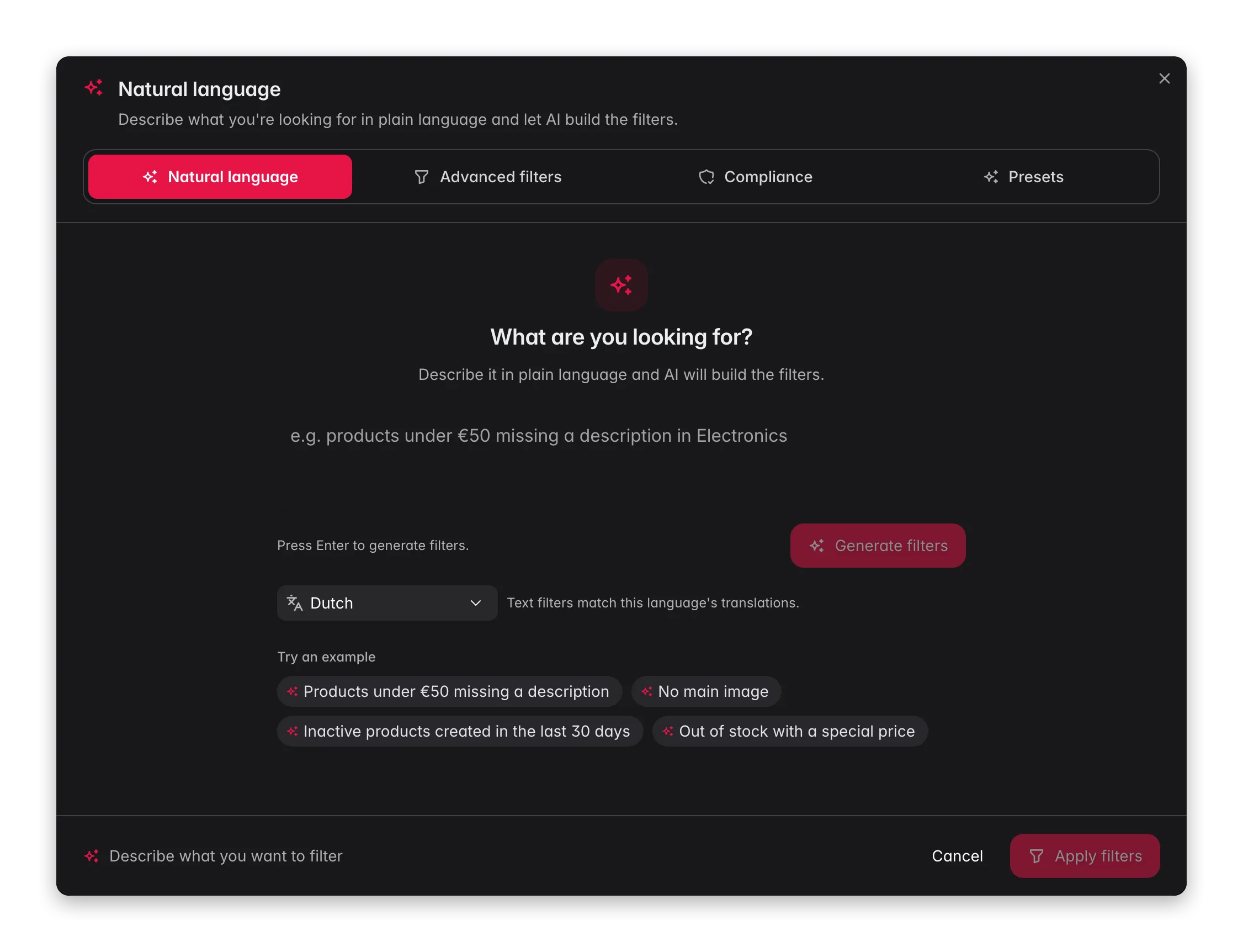 Describing a product filter in plain language in WISEPIM