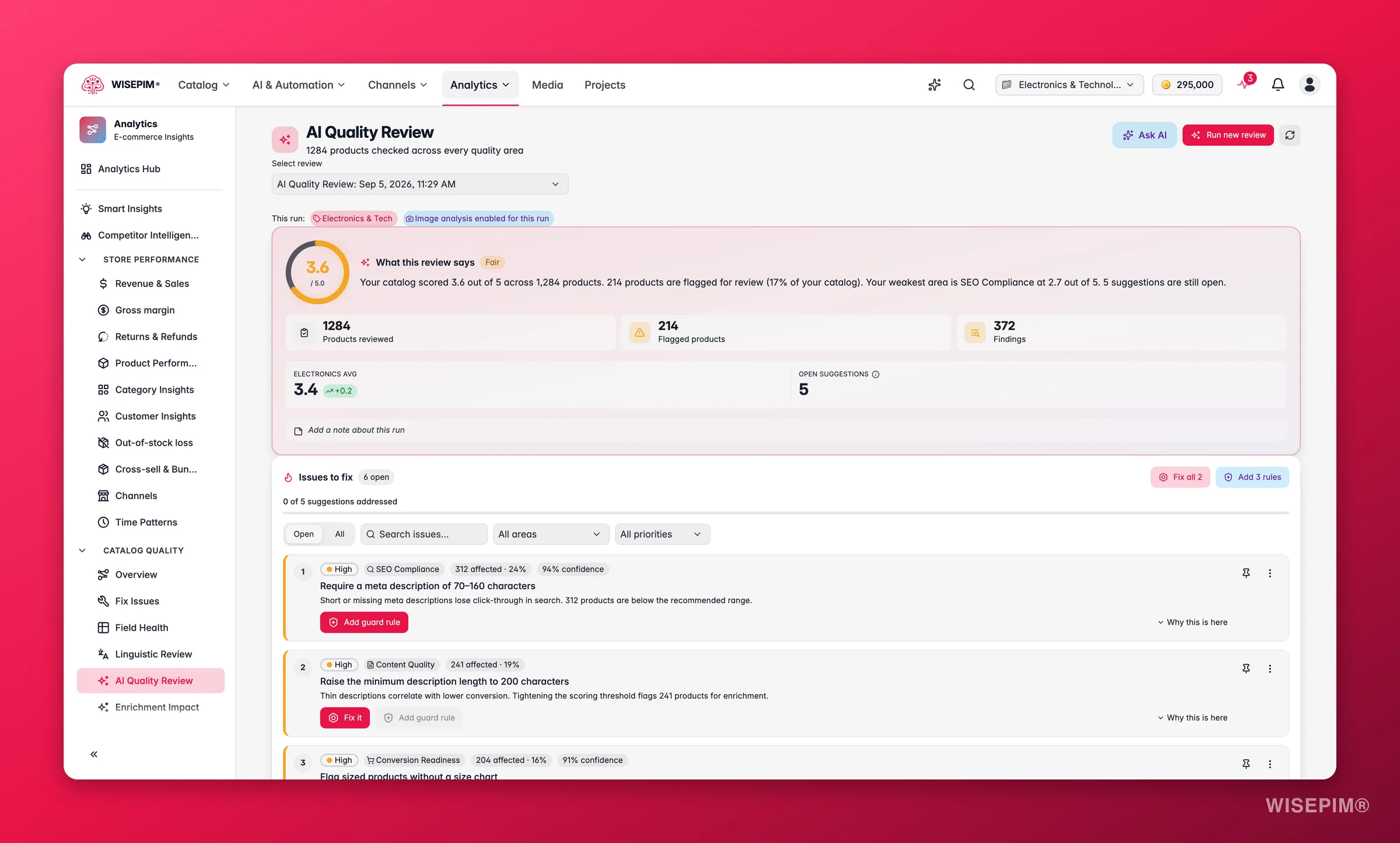 WISEPIM AI Quality Review scoring the catalog across data-quality dimensions with one-click fixes