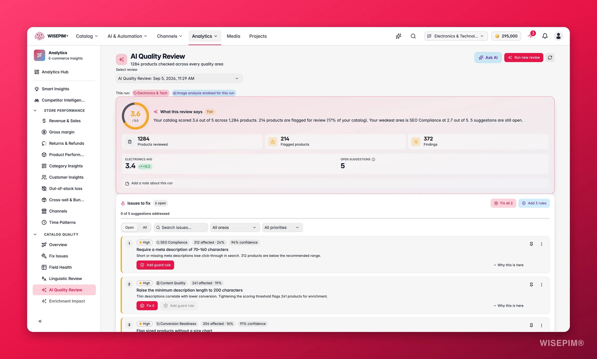 WISEPIM AI-kwaliteitsreview die de catalogus scoort op datakwaliteitsdimensies met fixes in één klik