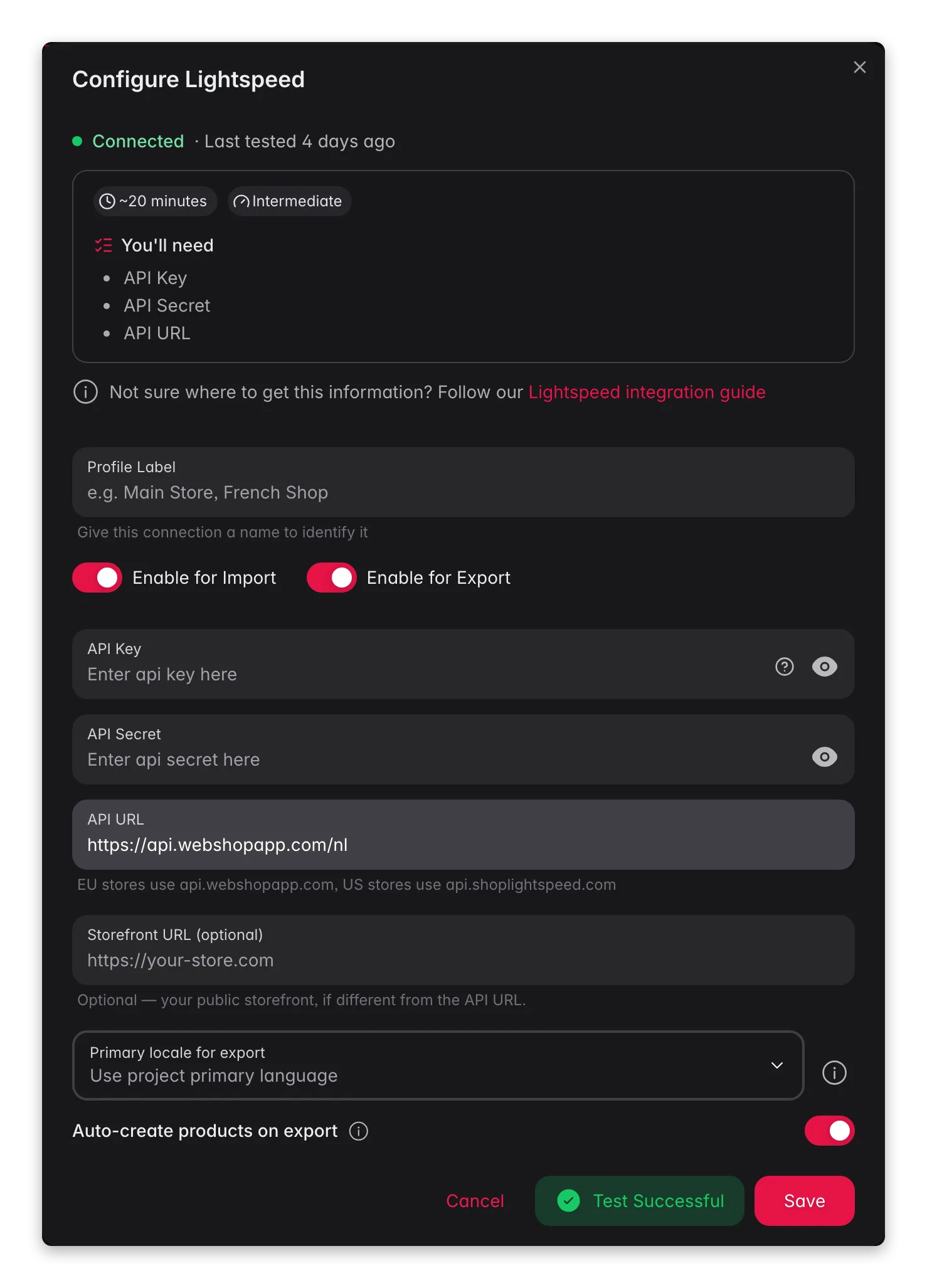 Connecting Lightspeed (C-Series) to WISEPIM, credentials, locale mapping and a live connection test