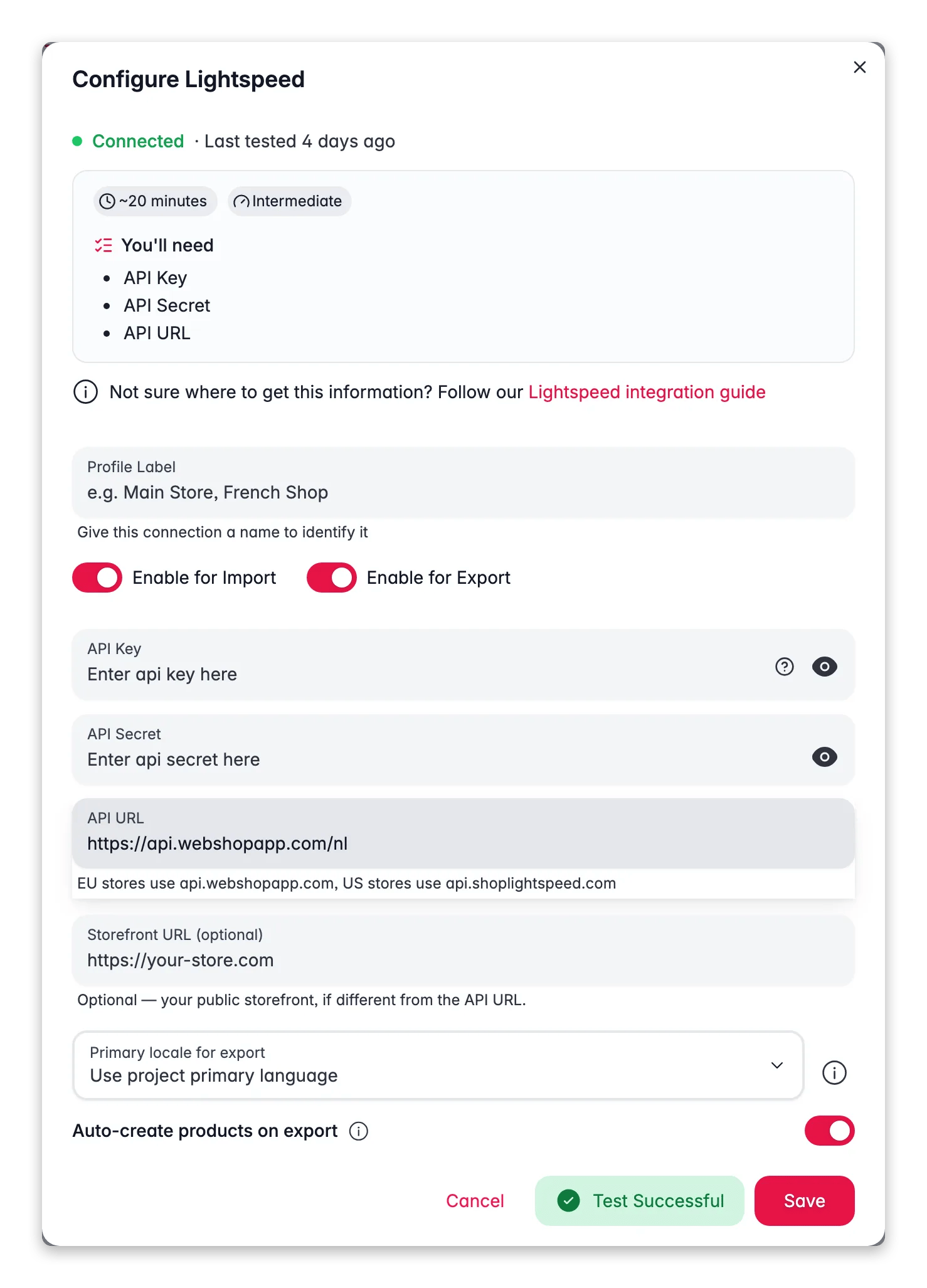 Connecting Lightspeed (C-Series) to WISEPIM, credentials, locale mapping and a live connection test
