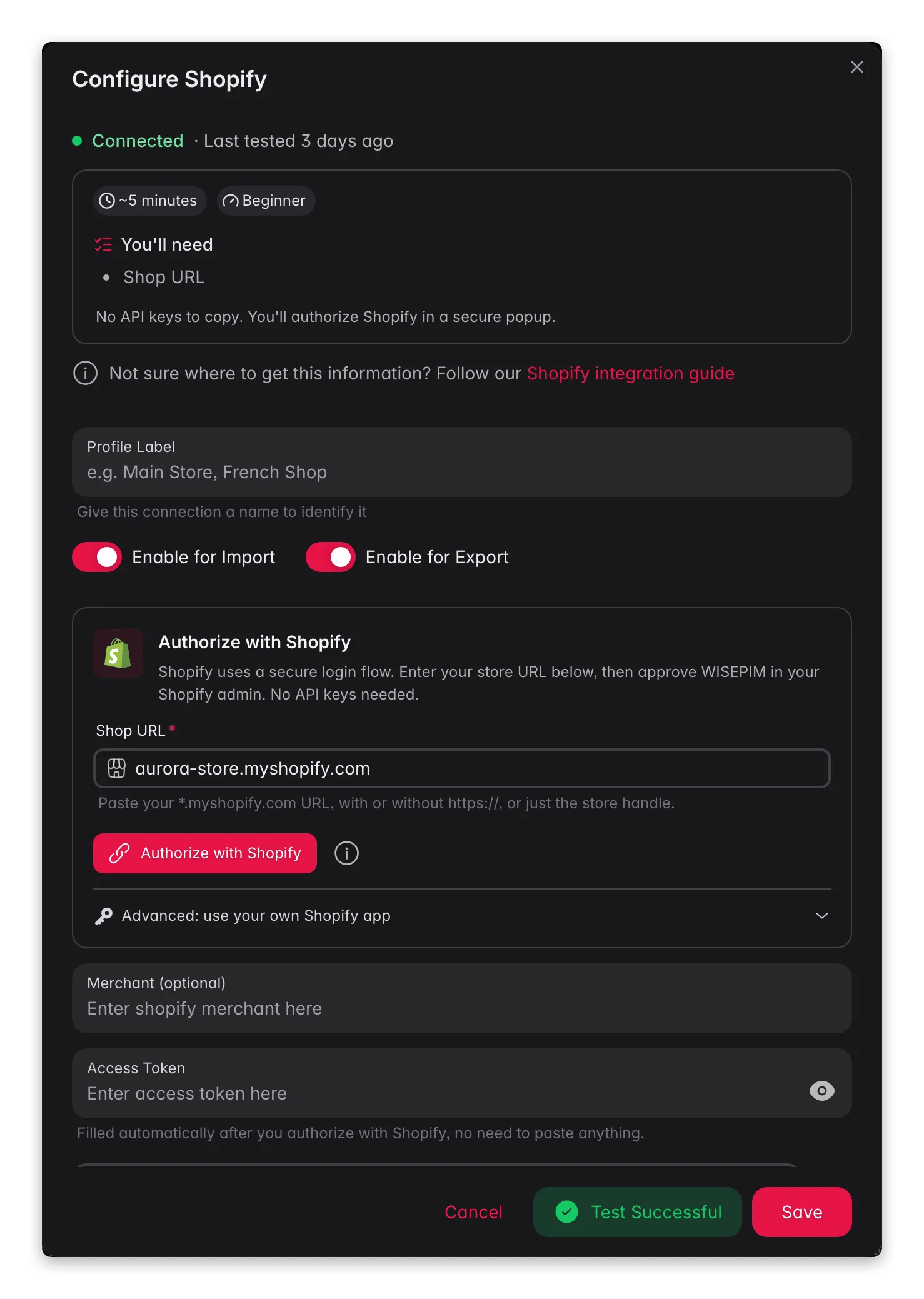 Connecting Shopify to WISEPIM, credentials, locale mapping and a live connection test