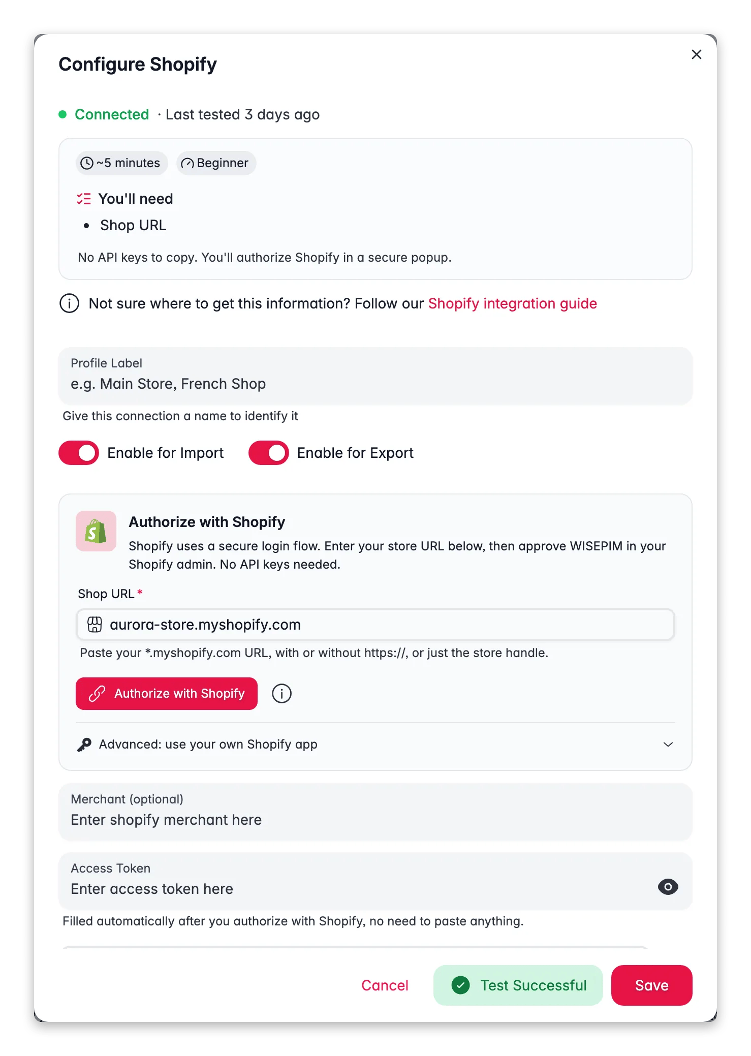 Connecting Shopify to WISEPIM, credentials, locale mapping and a live connection test
