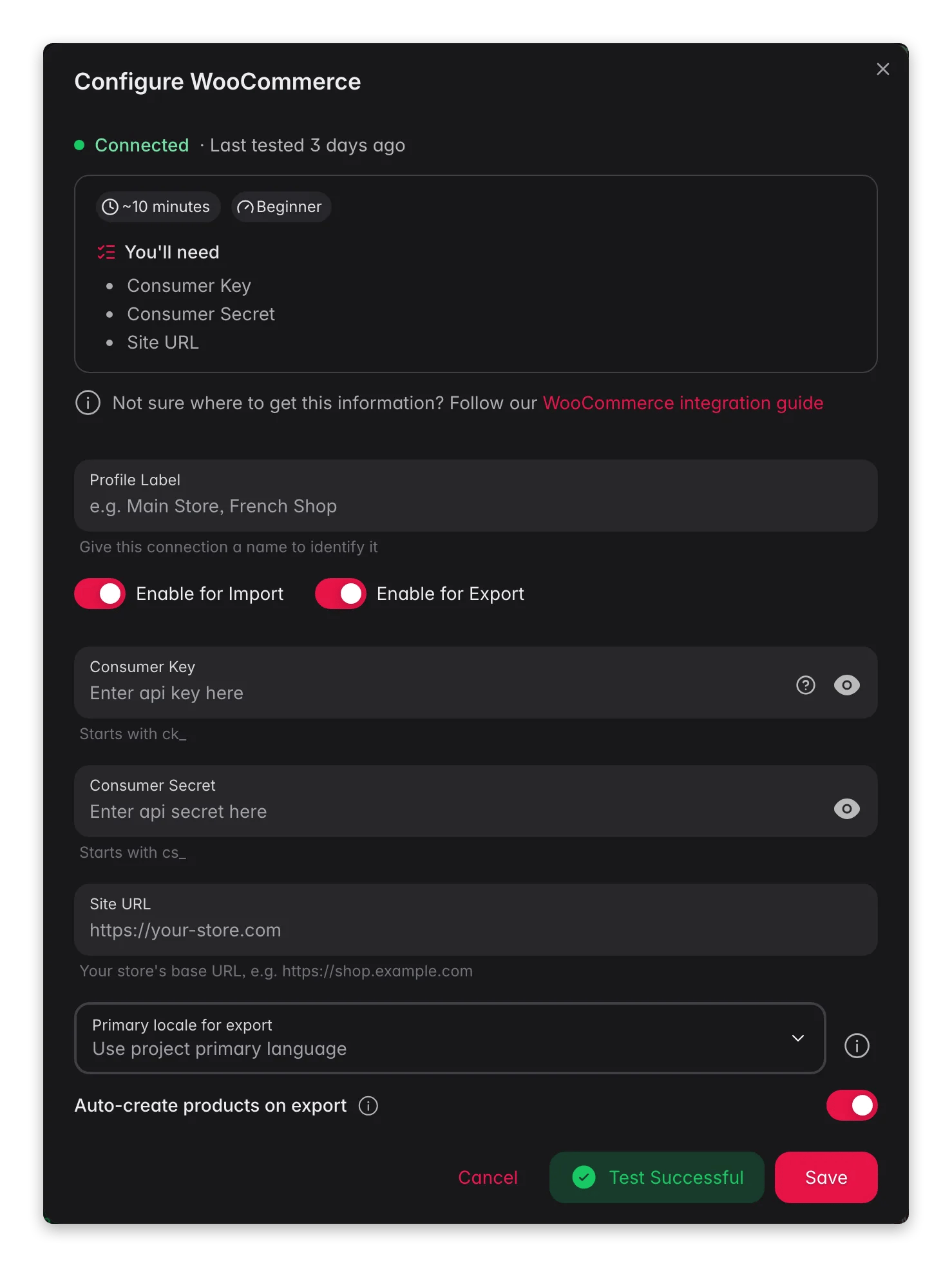 Connecting WooCommerce to WISEPIM, credentials, locale mapping and a live connection test