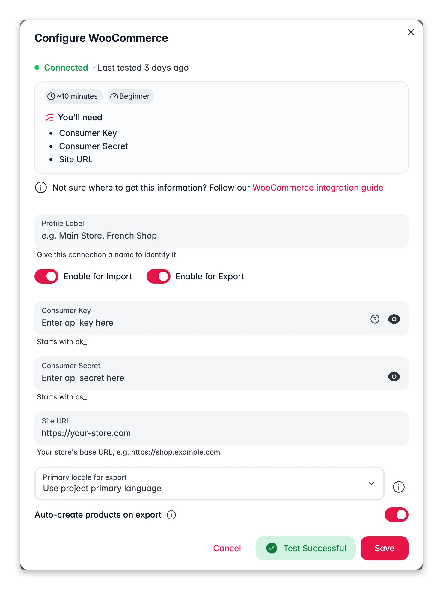 Connecting WooCommerce to WISEPIM, credentials, locale mapping and a live connection test