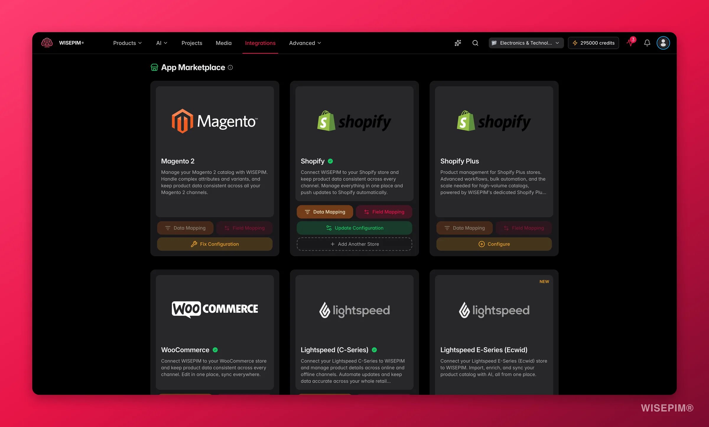 WISEPIM integrations catalog for Shopify, Amazon, WooCommerce and more