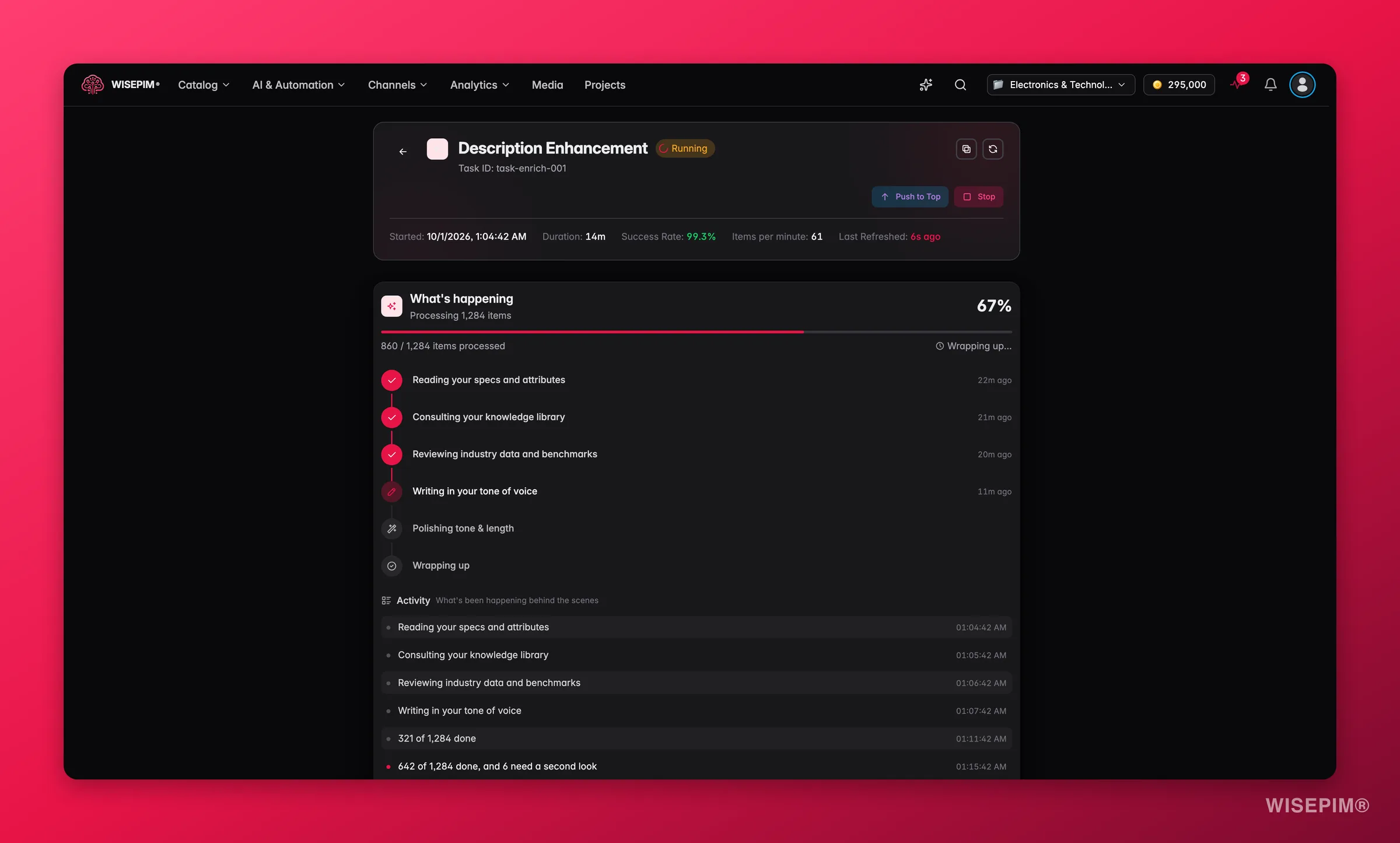 WISEPIM Process Tracker Task-Detail mit Live-Anreicherungsfortschritt und Ergebnissen pro Produkt