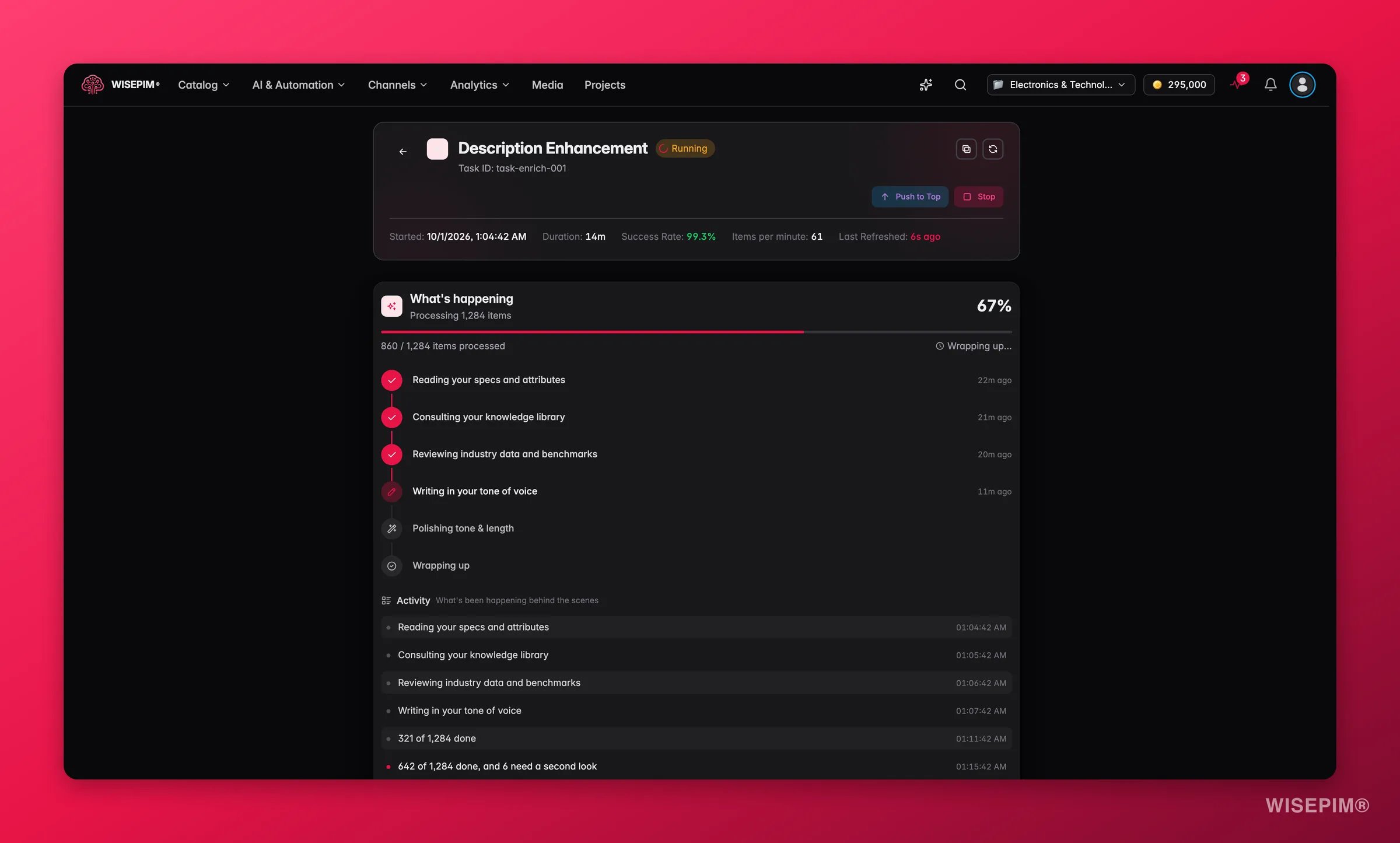 WISEPIM Process Tracker Task-Detail mit Live-Anreicherungsfortschritt und Ergebnissen pro Produkt