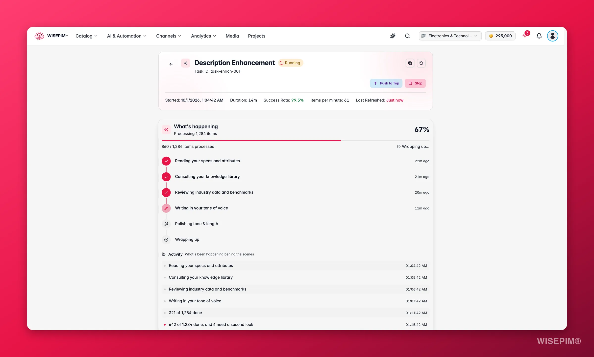 WISEPIM Process Tracker Task-Detail mit Live-Anreicherungsfortschritt und Ergebnissen pro Produkt