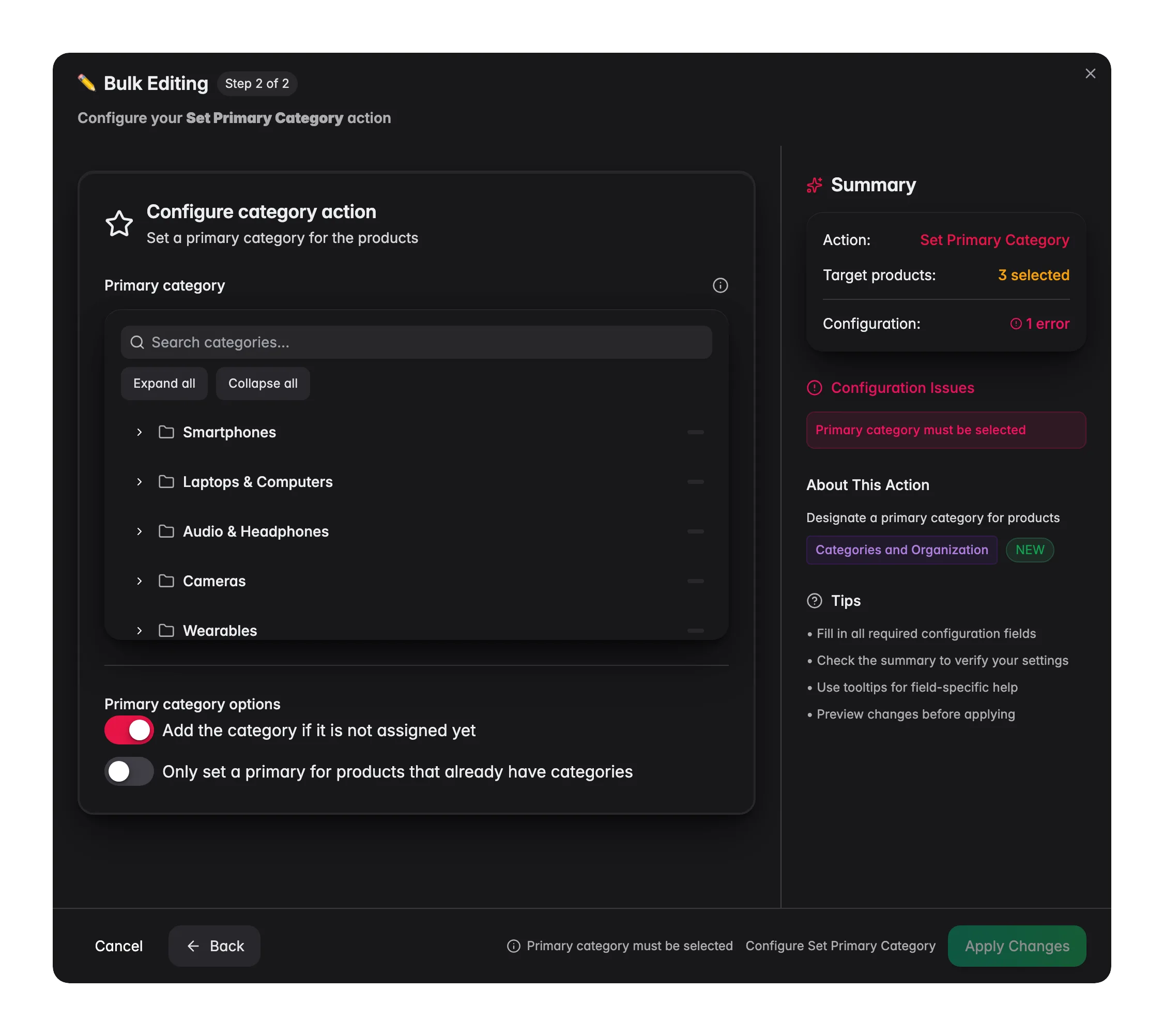 Bulk editing, Set Primary Category across many products at once in WISEPIM