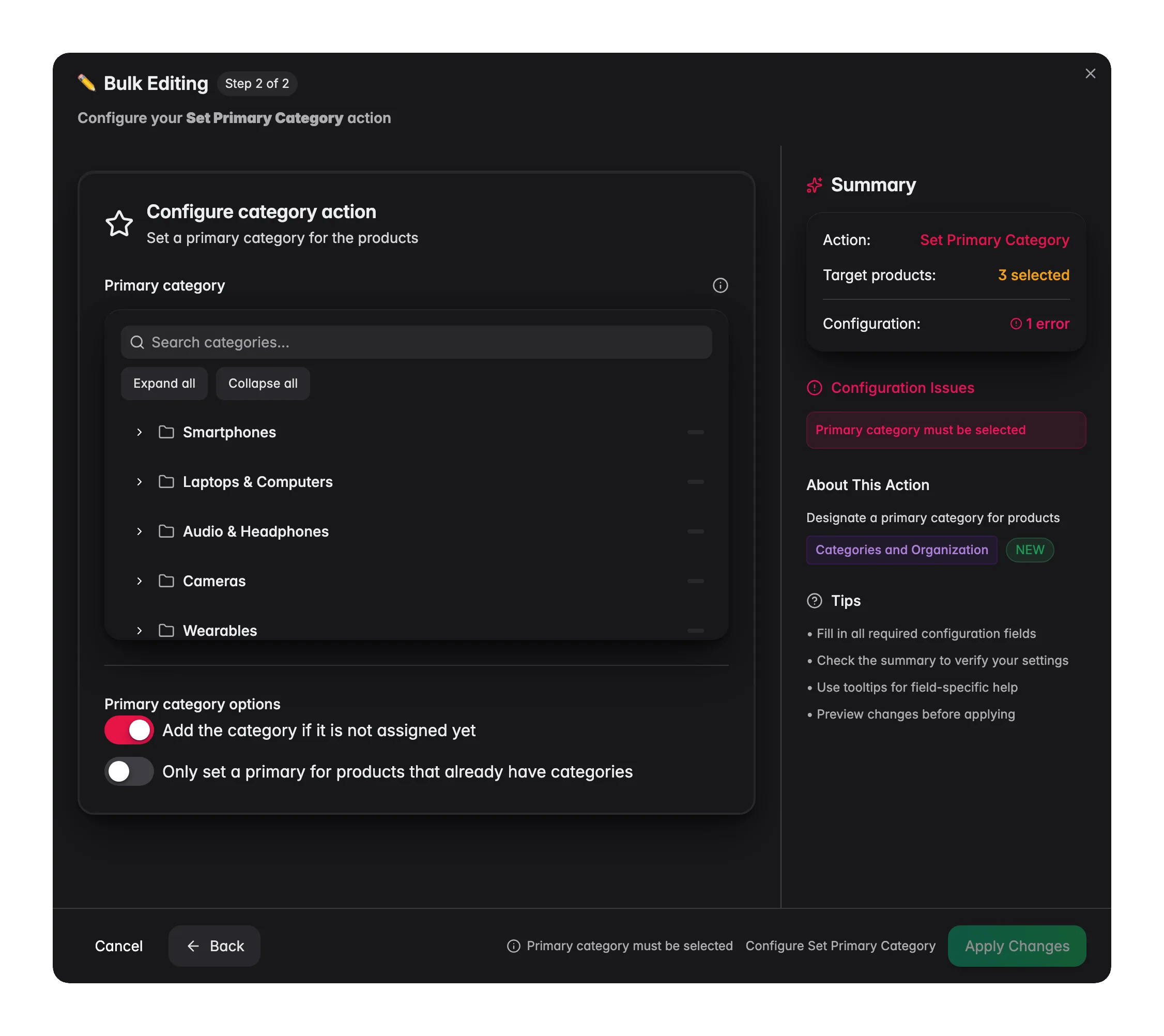 Bulk editing, Set Primary Category across many products at once in WISEPIM