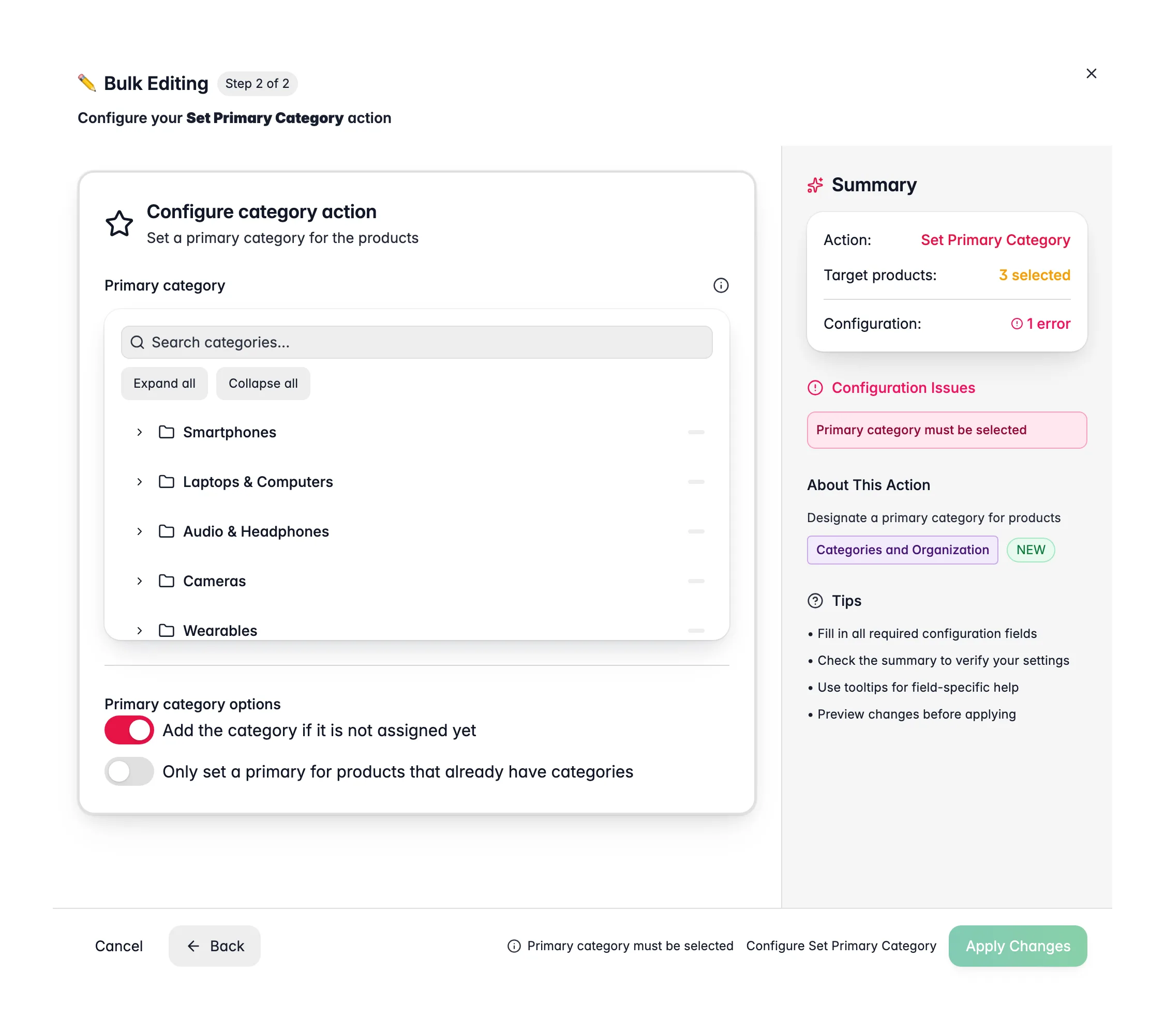 Bulk editing, Set Primary Category across many products at once in WISEPIM
