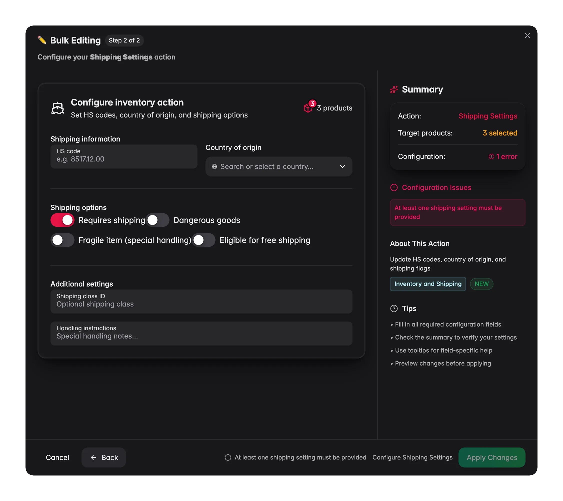 Bulk editing, Shipping Settings across many products at once in WISEPIM