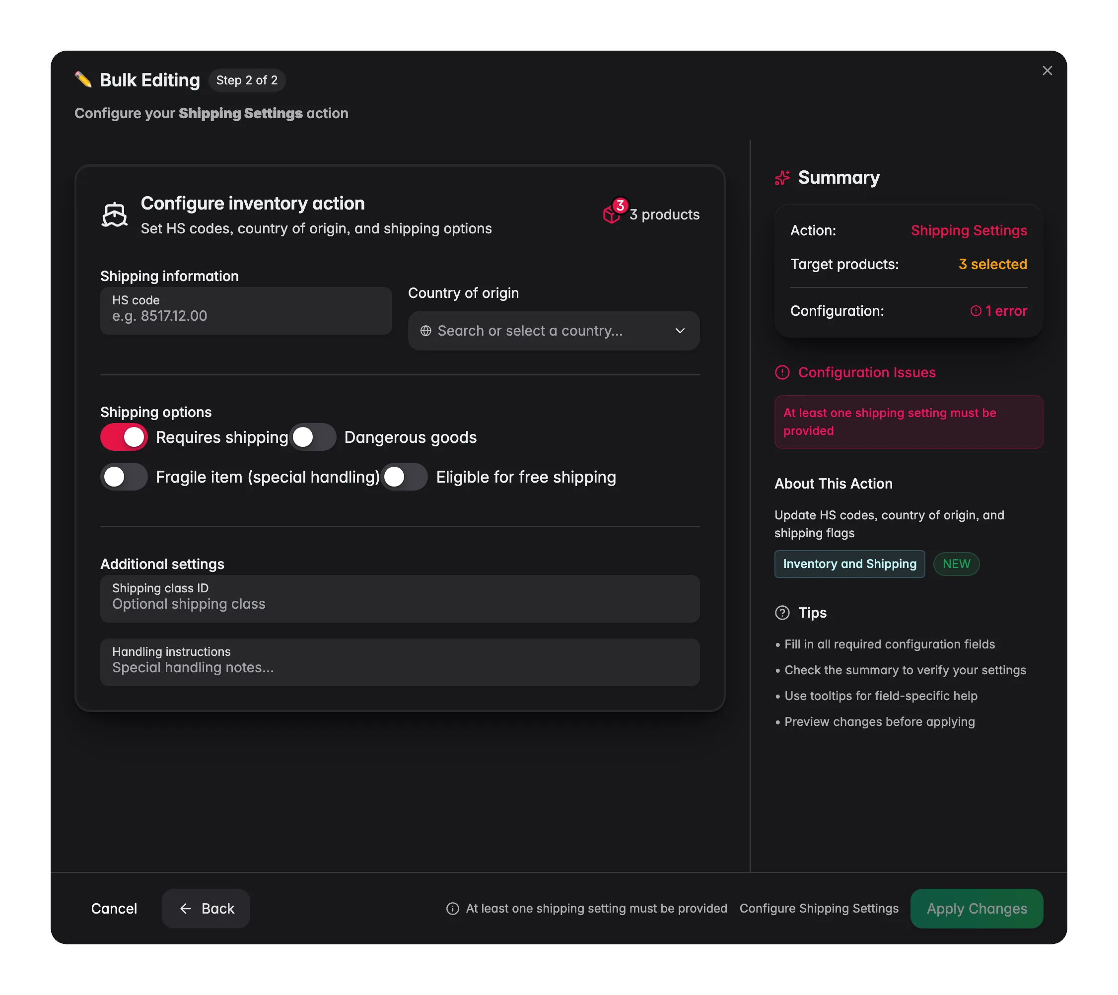 Bulk editing, Shipping Settings across many products at once in WISEPIM