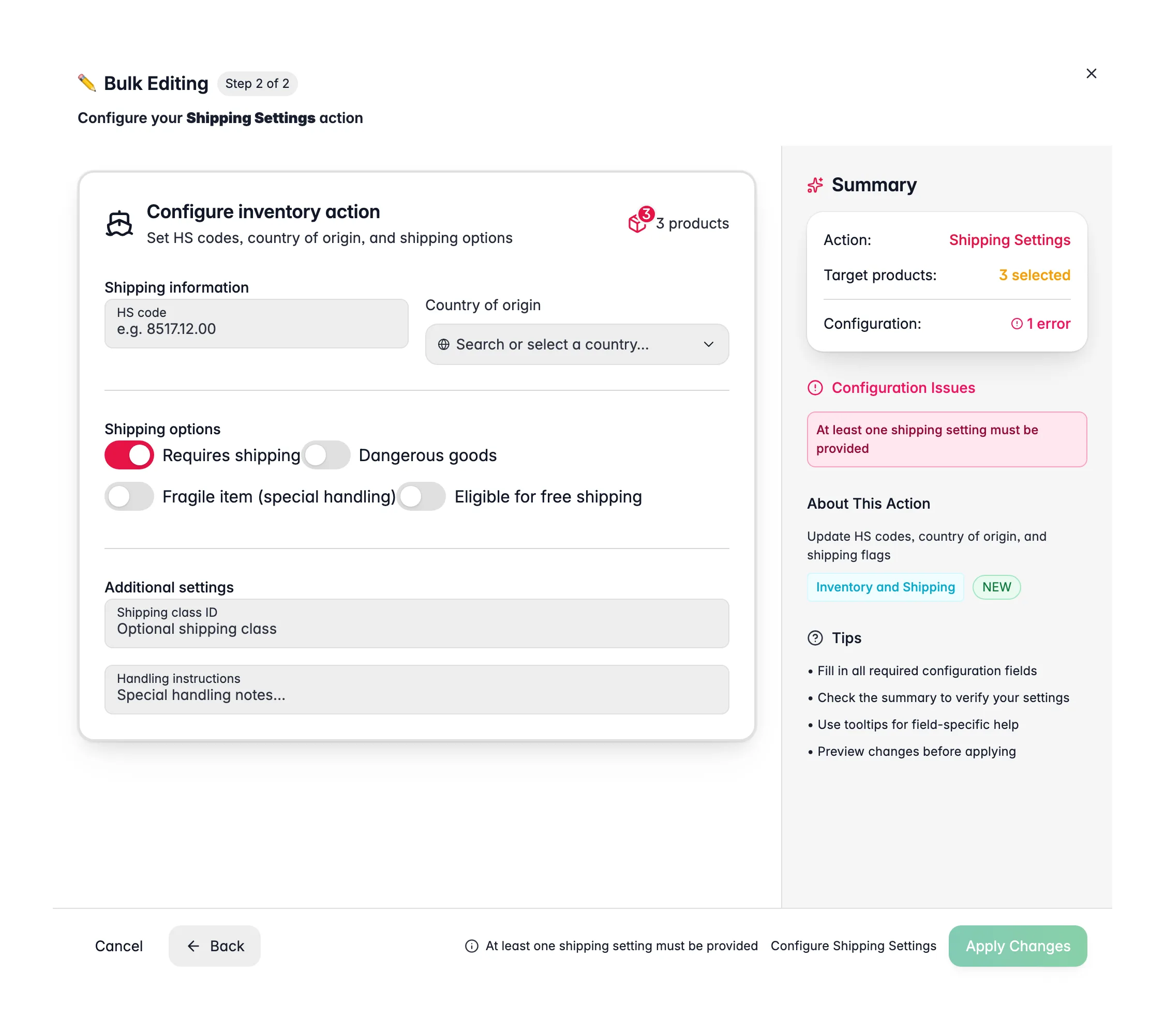 Bulk editing, Shipping Settings across many products at once in WISEPIM