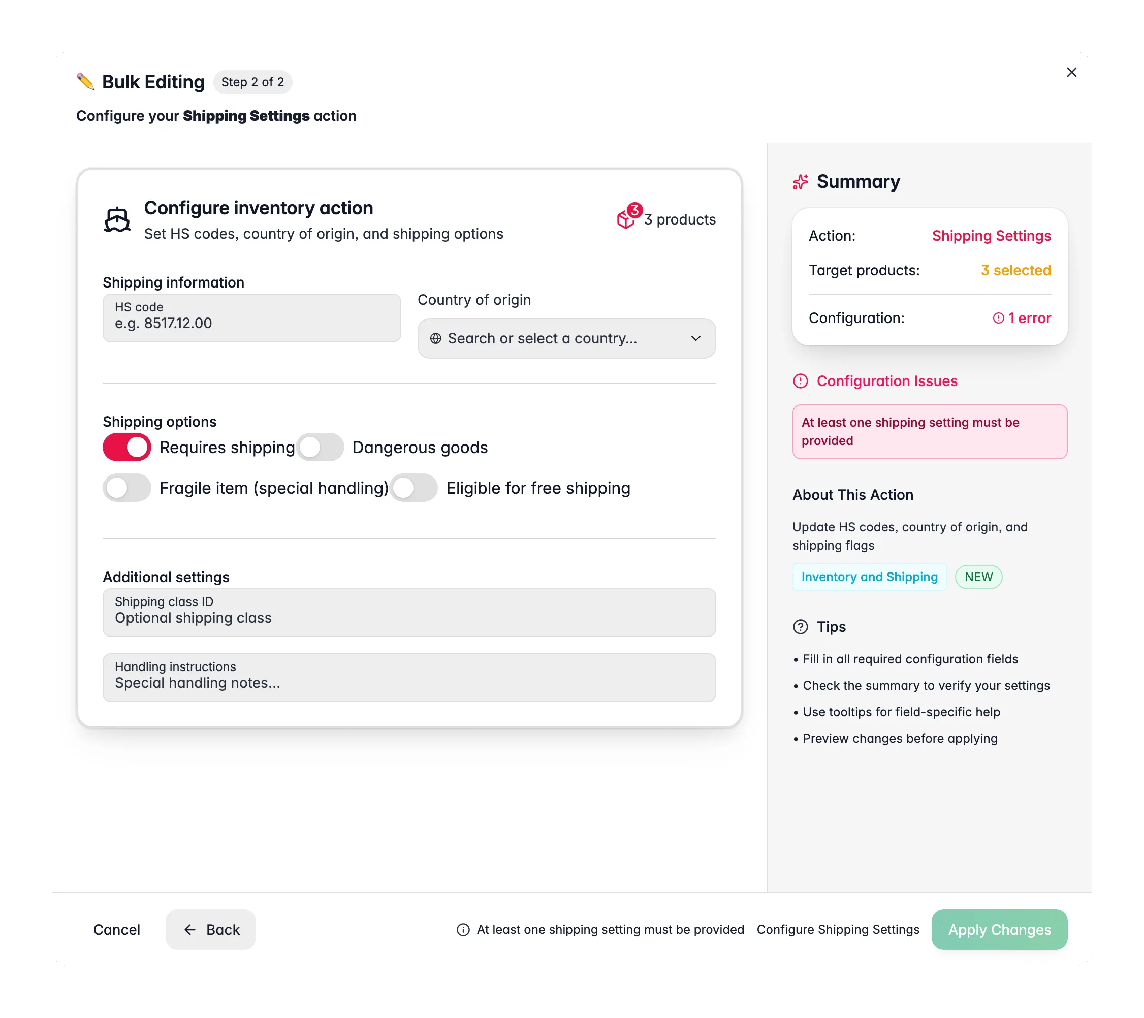 Bulk editing, Shipping Settings across many products at once in WISEPIM