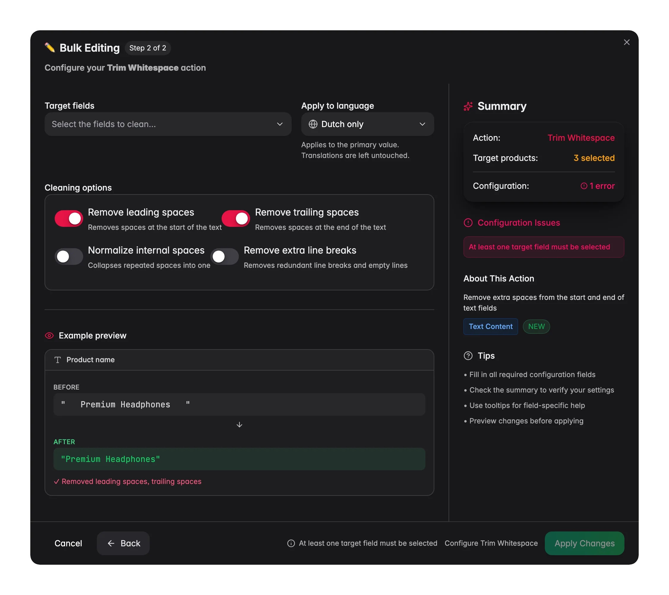 Bulk editing, Trim Whitespace across many products at once in WISEPIM