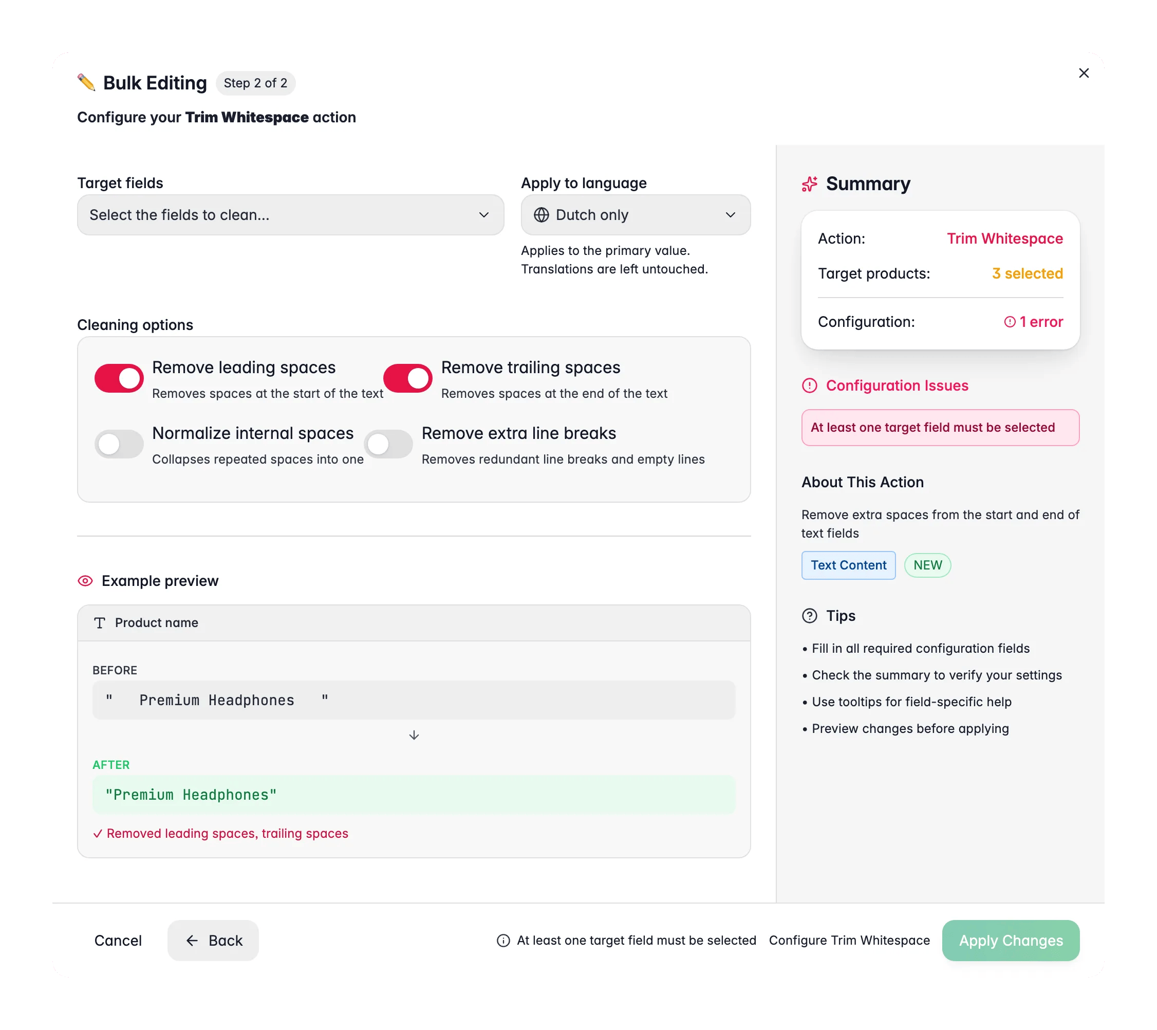 Bulk editing, Trim Whitespace across many products at once in WISEPIM
