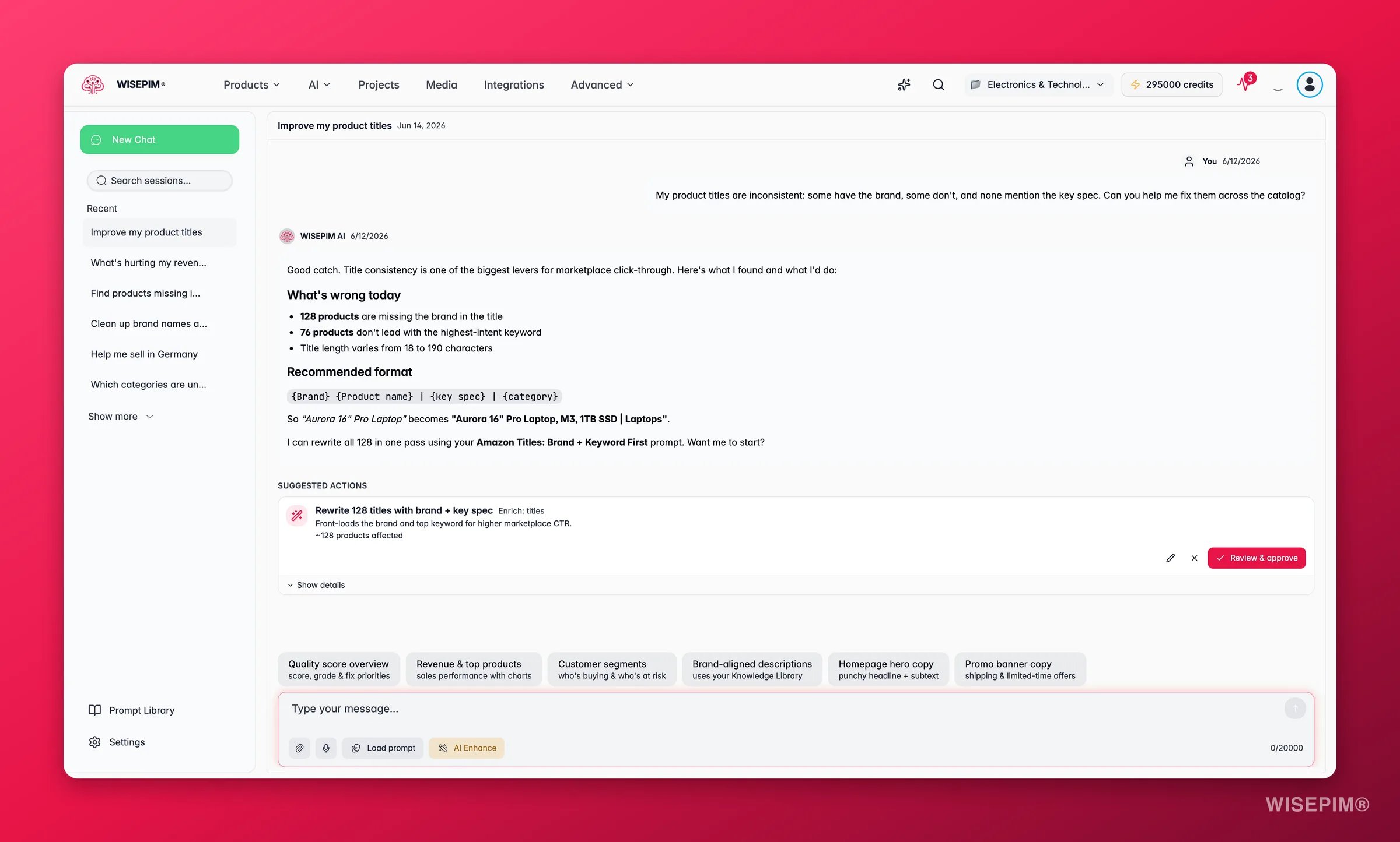 WISEPIM AI Chat diagnosing inconsistent product titles and proposing a one-click fix across the catalog