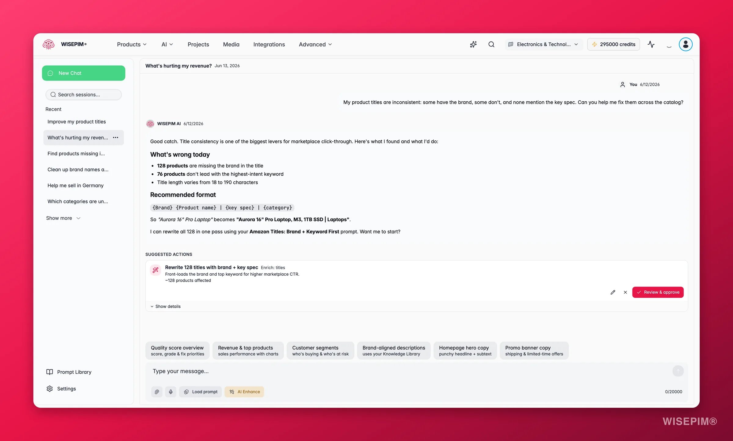 WISEPIM AI Chat explaining a weekly revenue dip, naming the drivers, and linking to the returns breakdown
