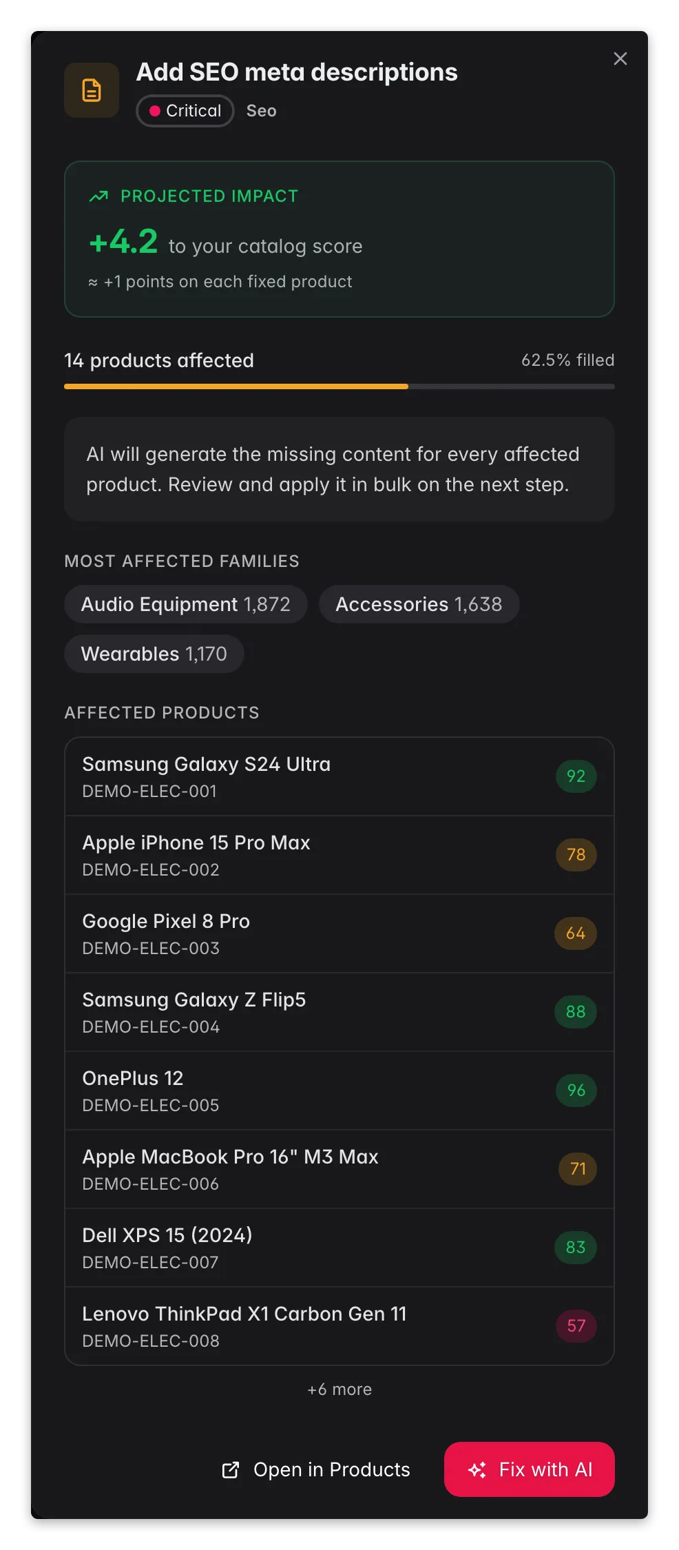 WISEPIM data-quality fix drawer previewing affected products and score lift before acting