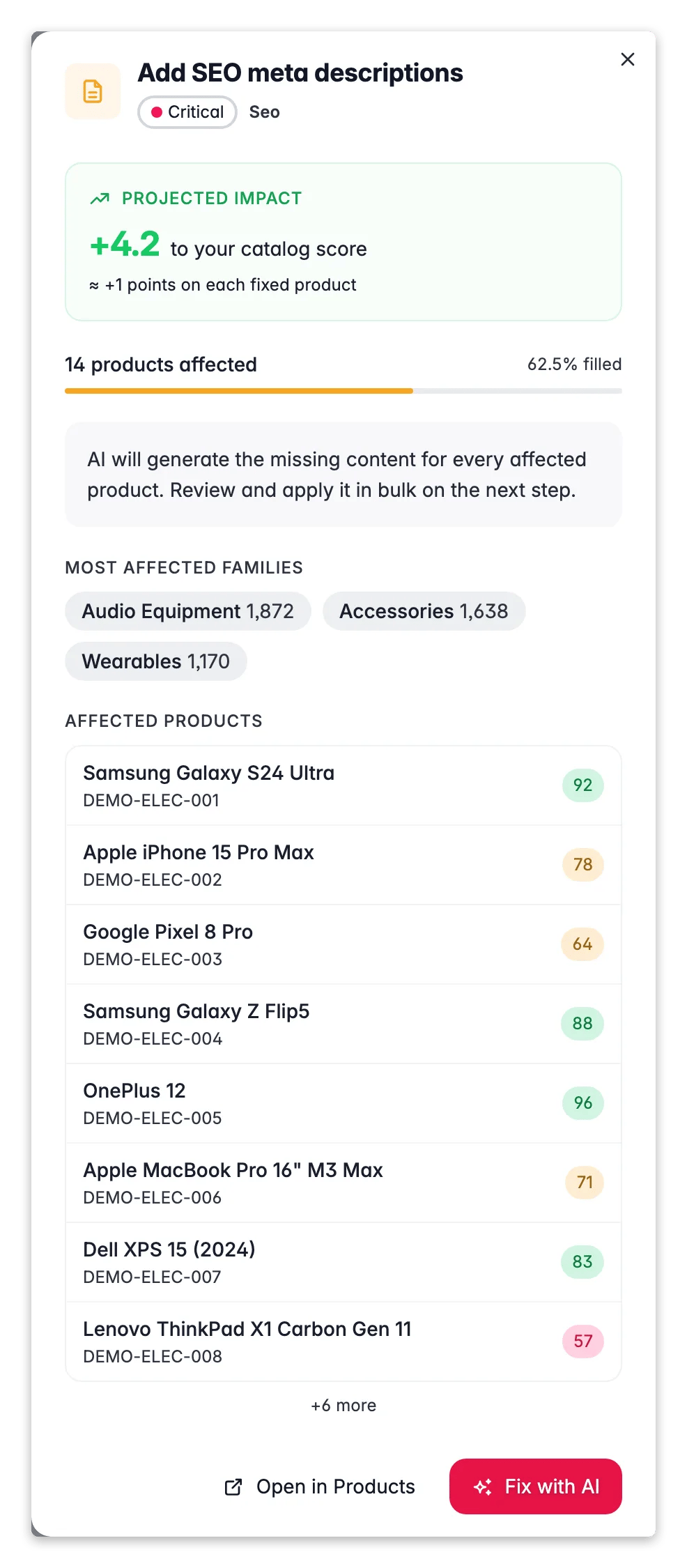WISEPIM data-quality fix drawer previewing affected products and score lift before acting