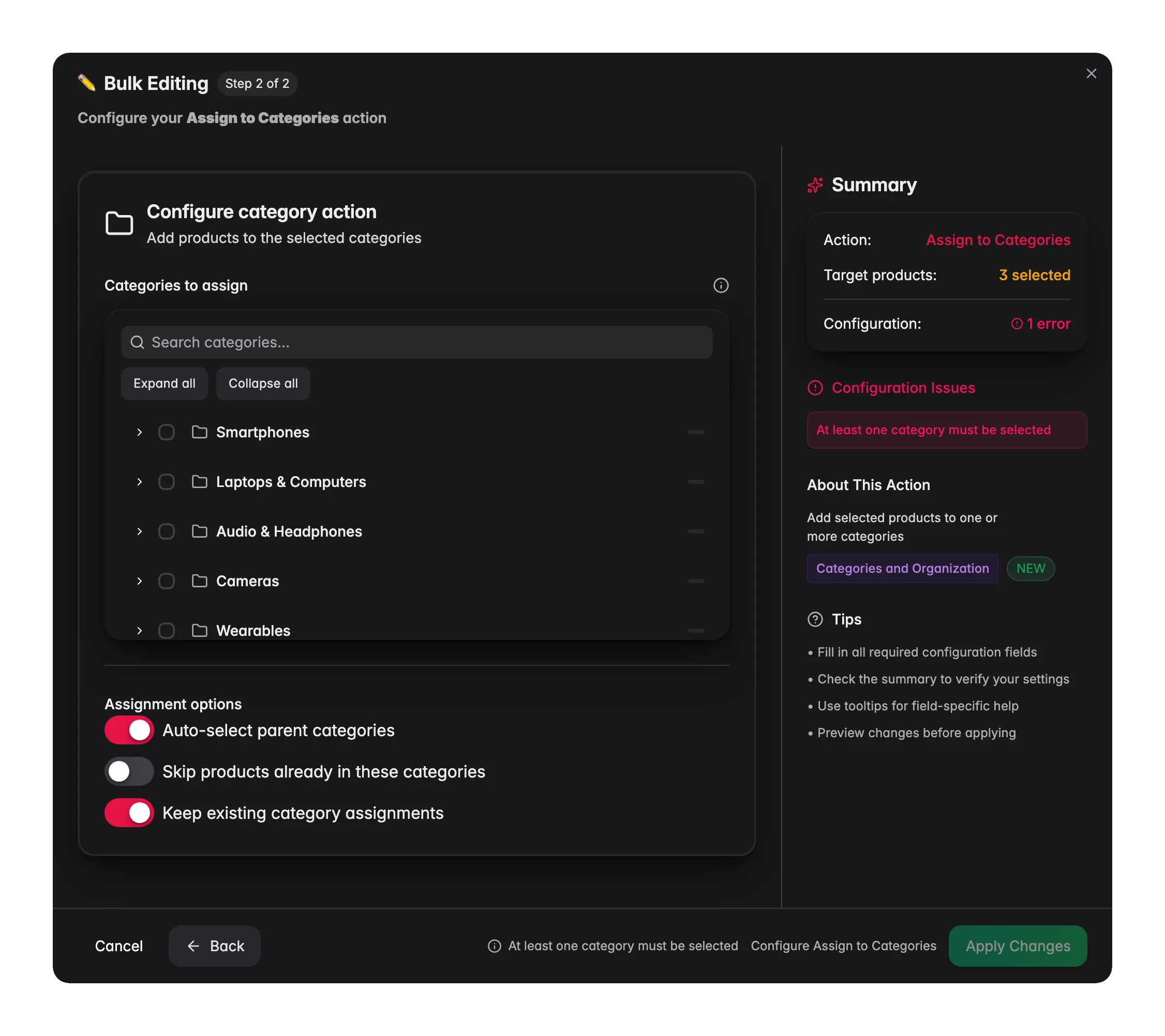 Bulk editing, Assign to Categories across many products at once in WISEPIM