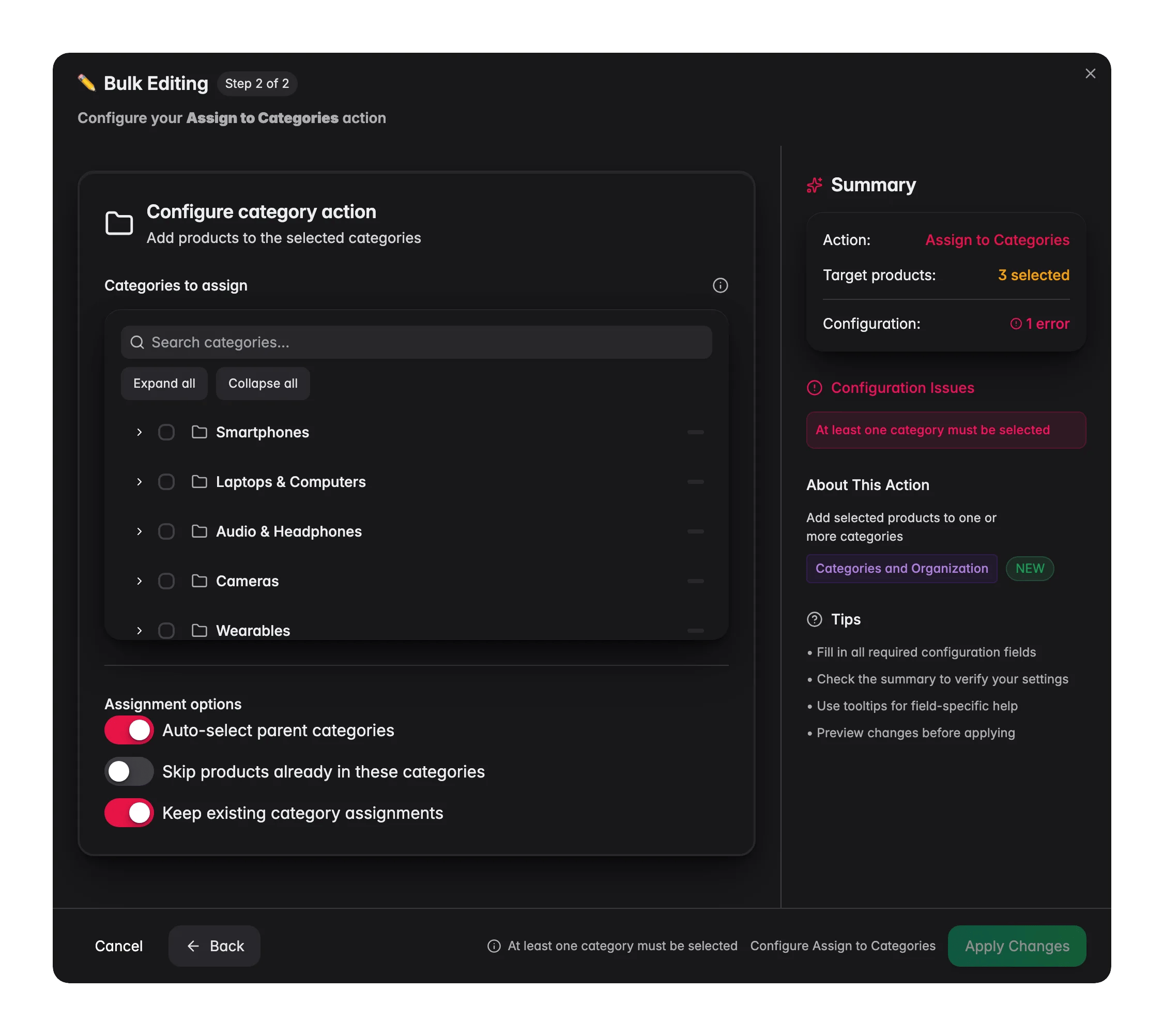 Bulk editing, Assign to Categories across many products at once in WISEPIM