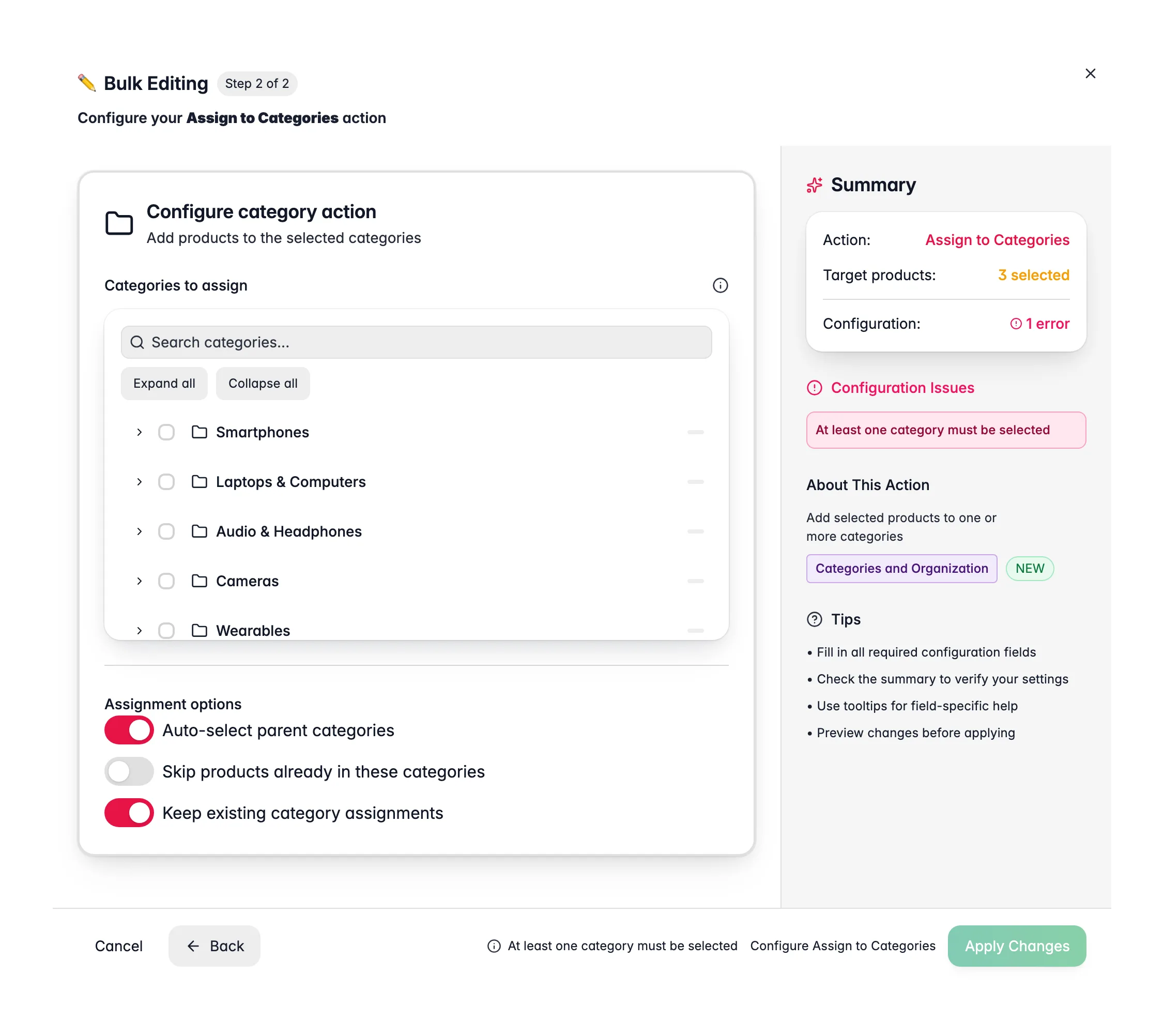 Bulk editing, Assign to Categories across many products at once in WISEPIM