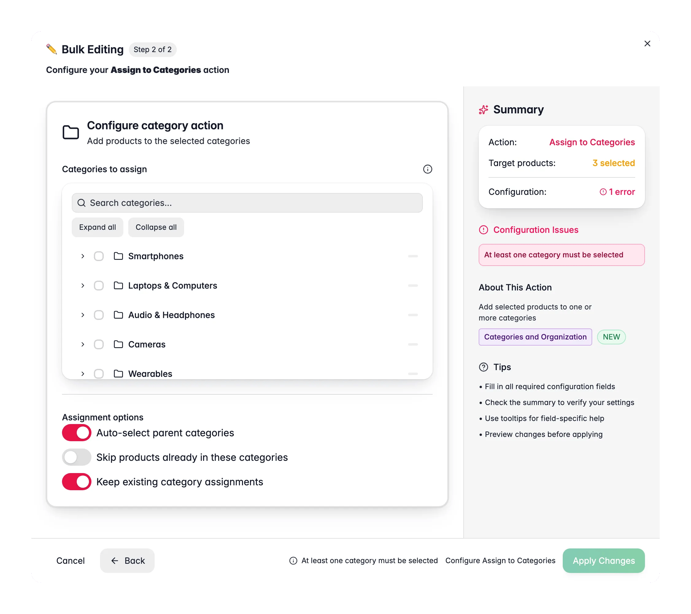 Bulk editing, Assign to Categories across many products at once in WISEPIM