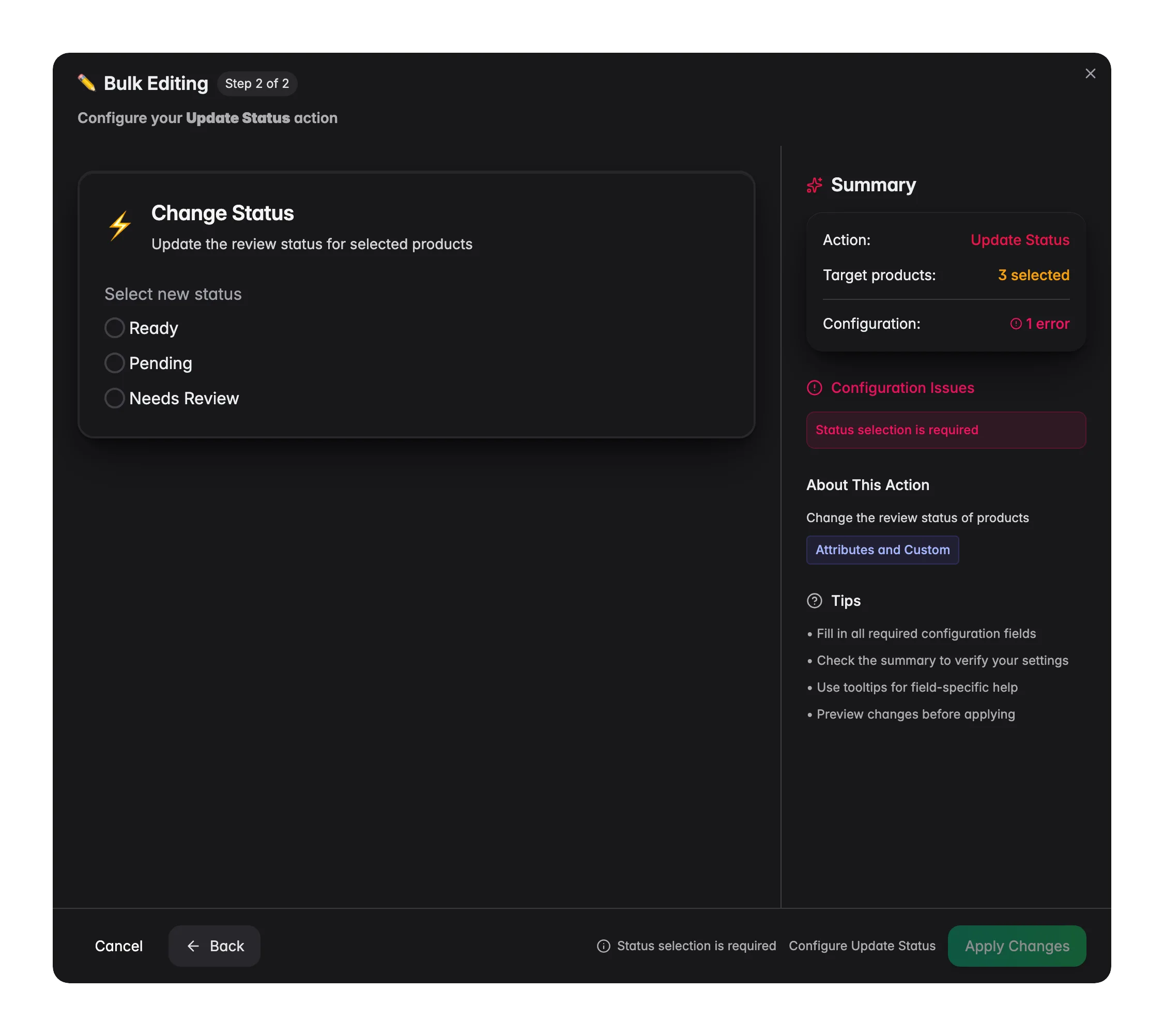 Bulk editing, Update Status across many products at once in WISEPIM