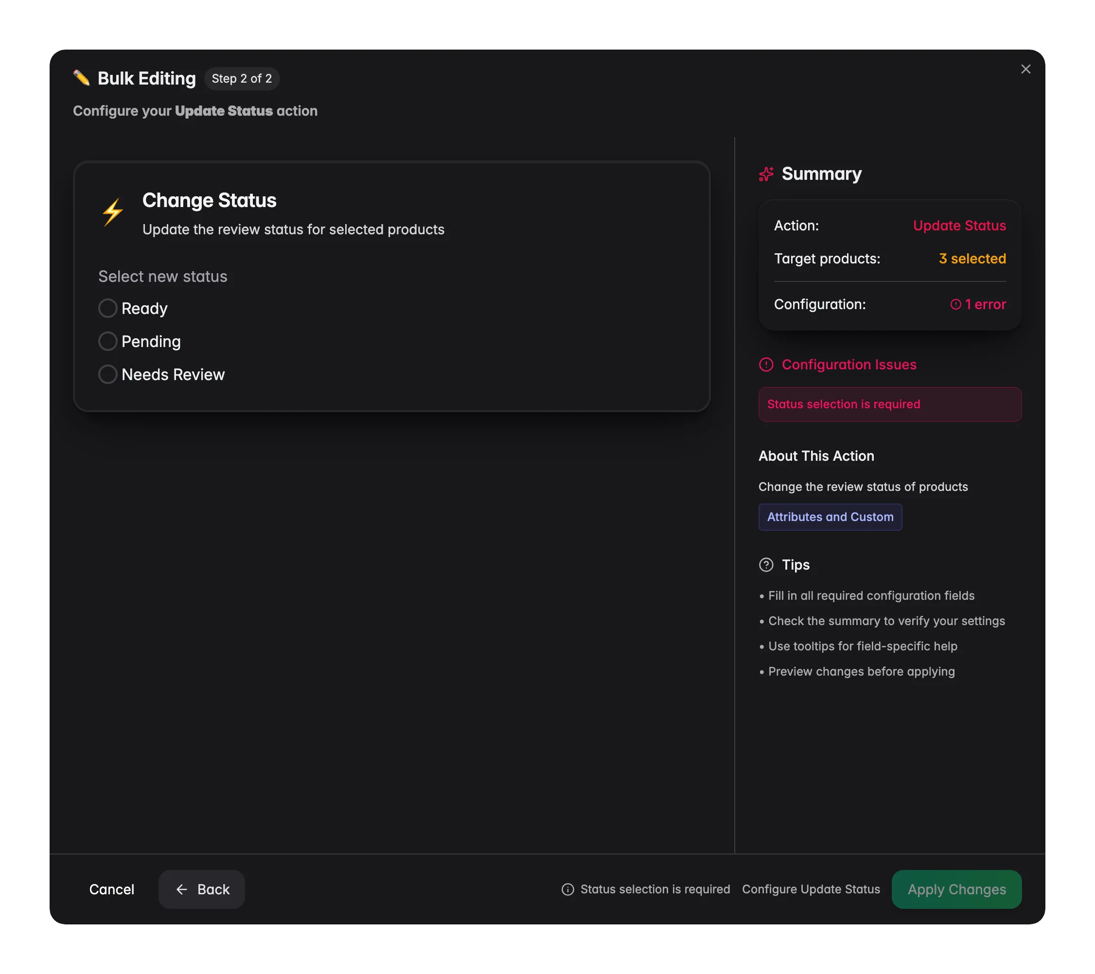 Bulk editing, Update Status across many products at once in WISEPIM