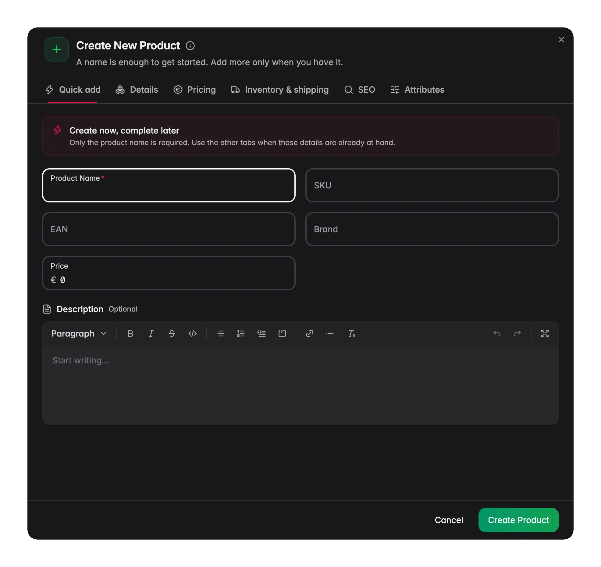 Creating a new product in WISEPIM with AI-assisted fields