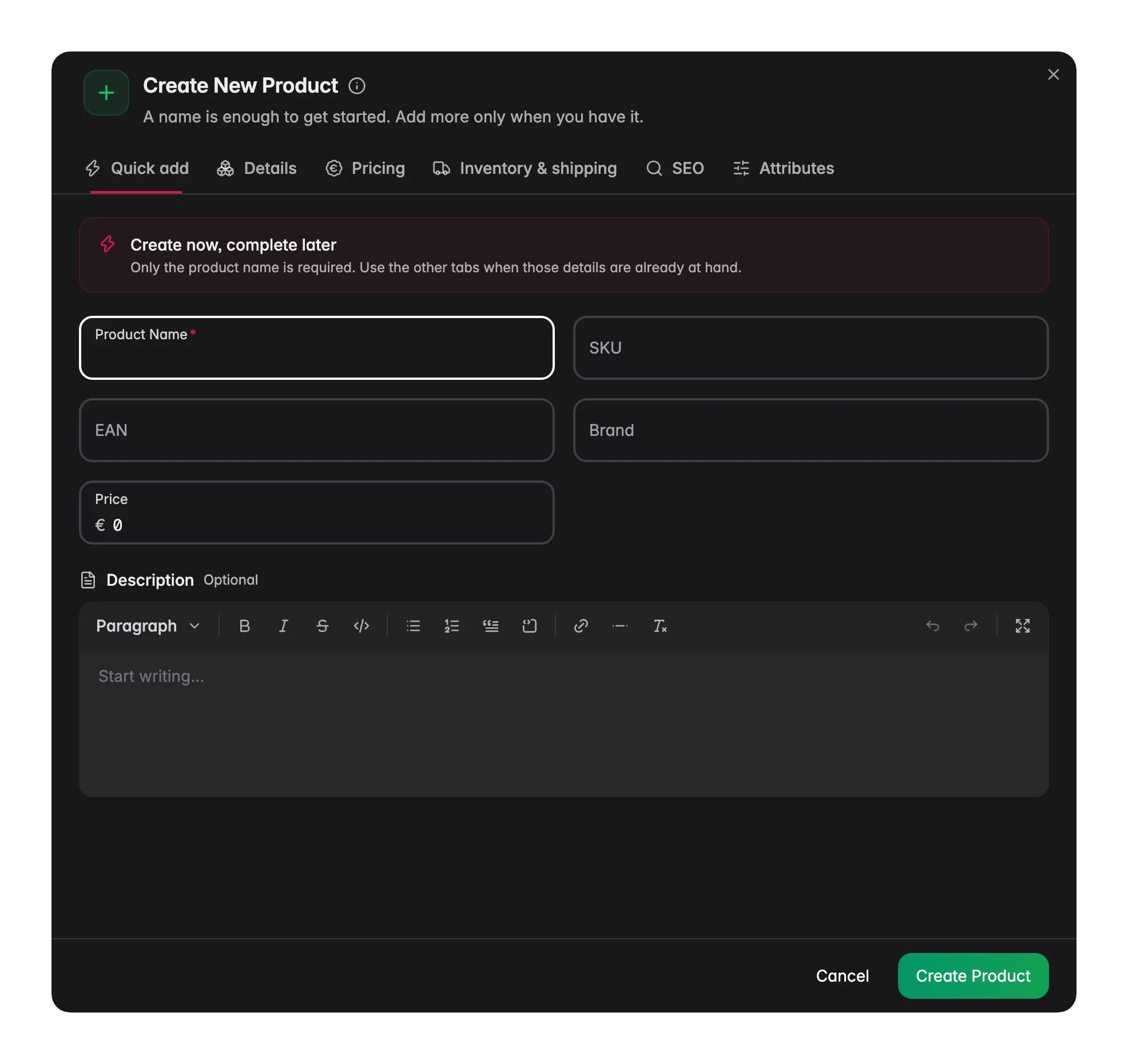 Creating a new product in WISEPIM with AI-assisted fields