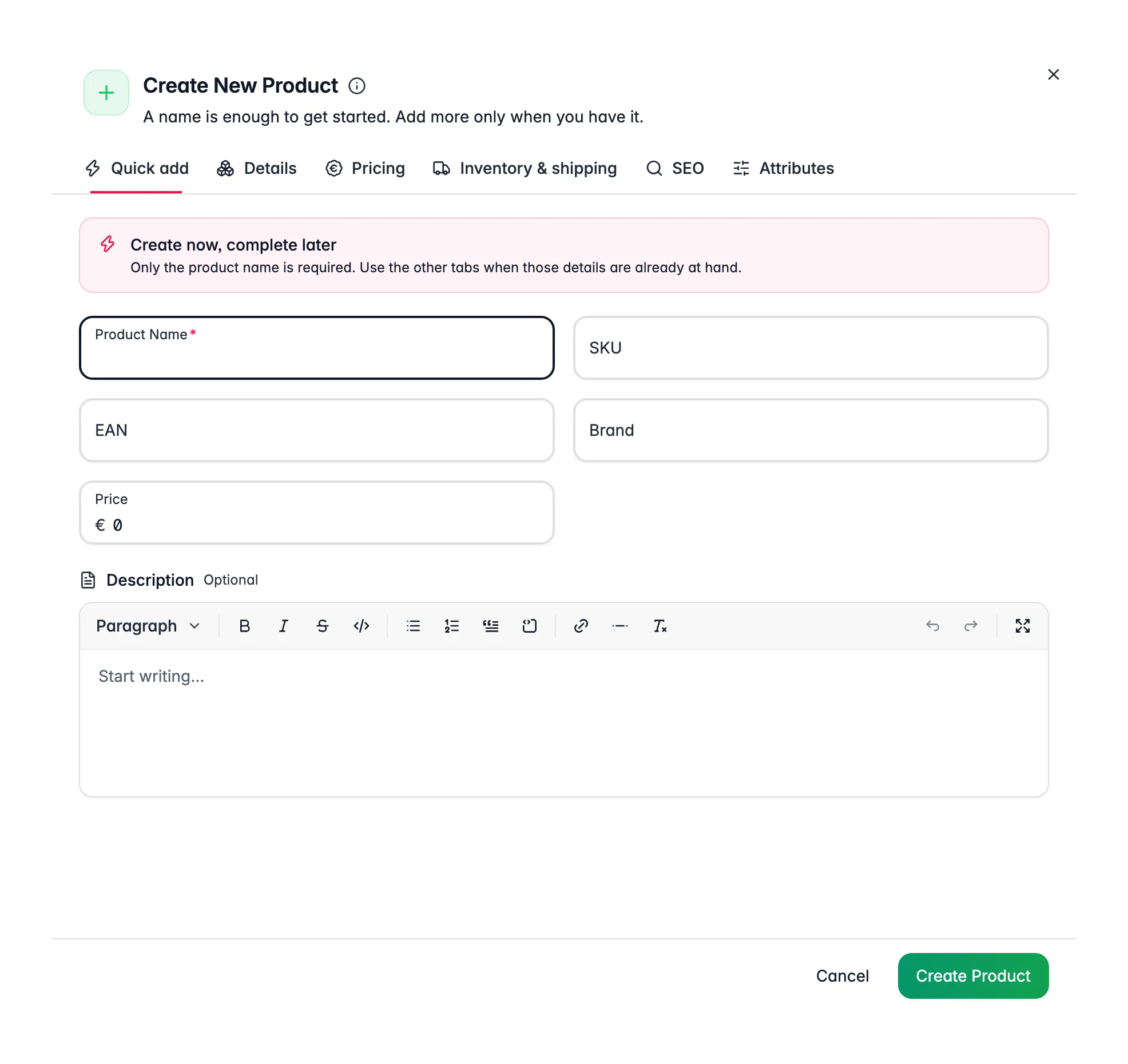 Creating a new product in WISEPIM with AI-assisted fields
