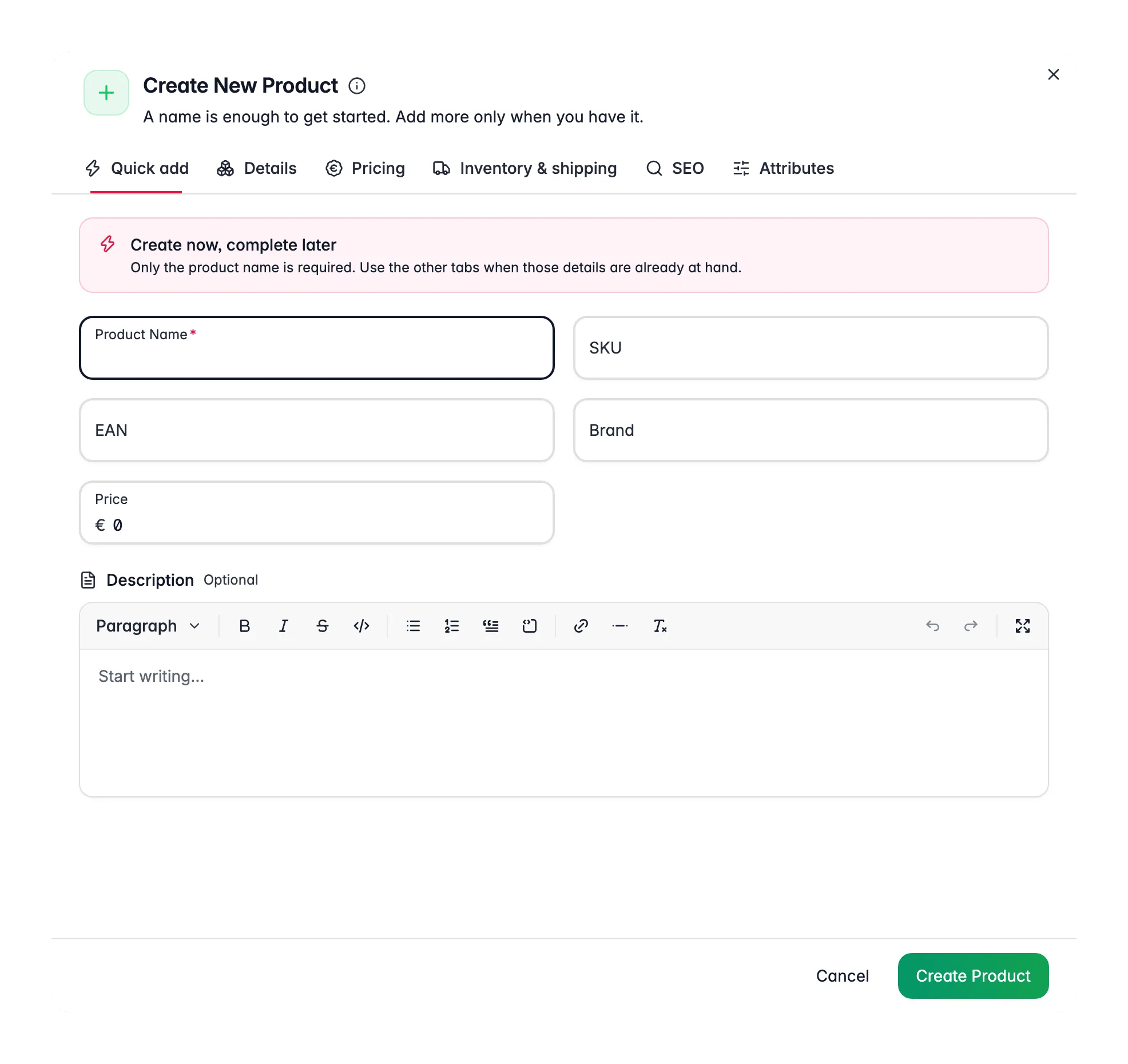 Creating a new product in WISEPIM with AI-assisted fields
