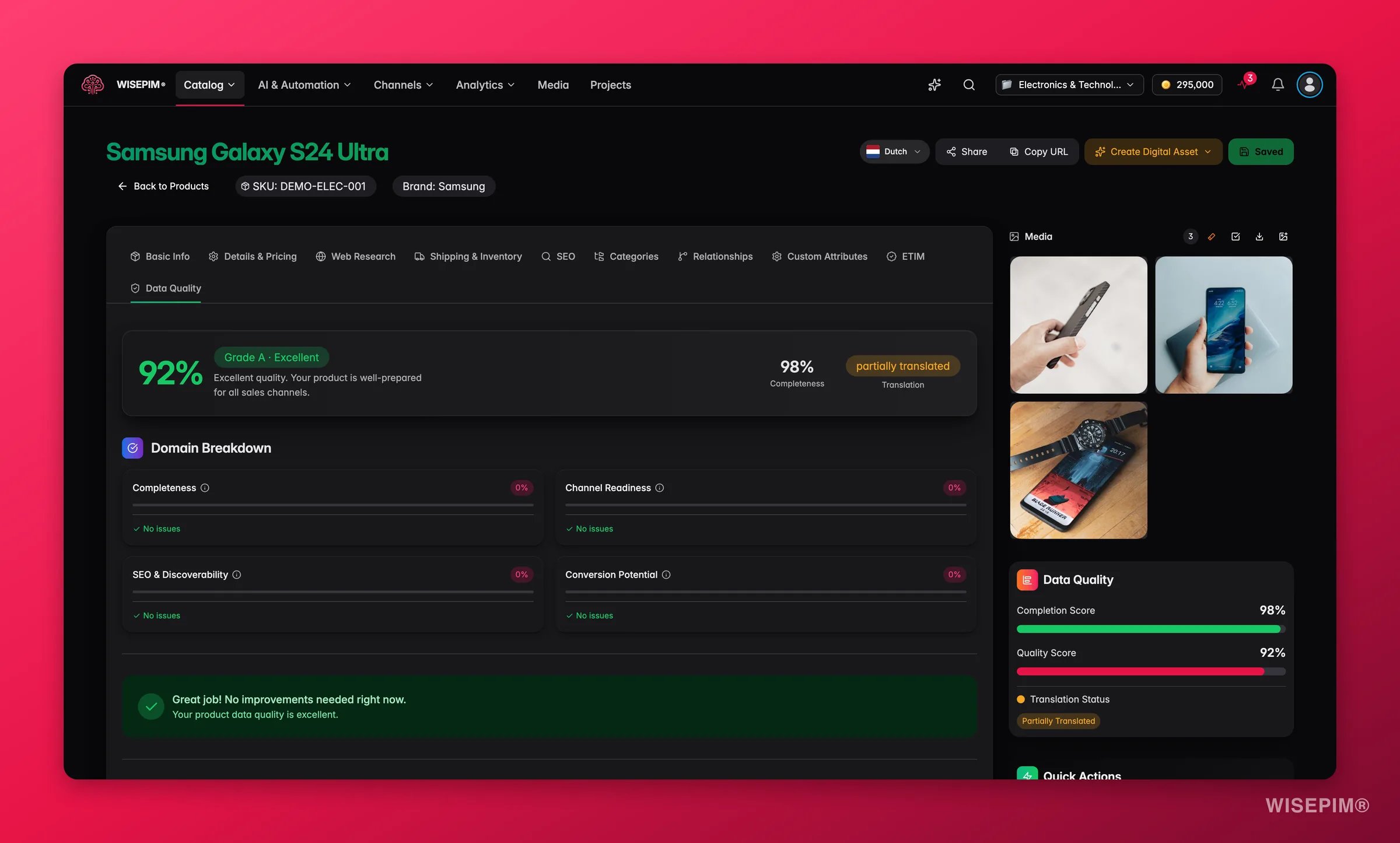 WISEPIM product editor Data Quality tab with domain scores and field-level recommendations
