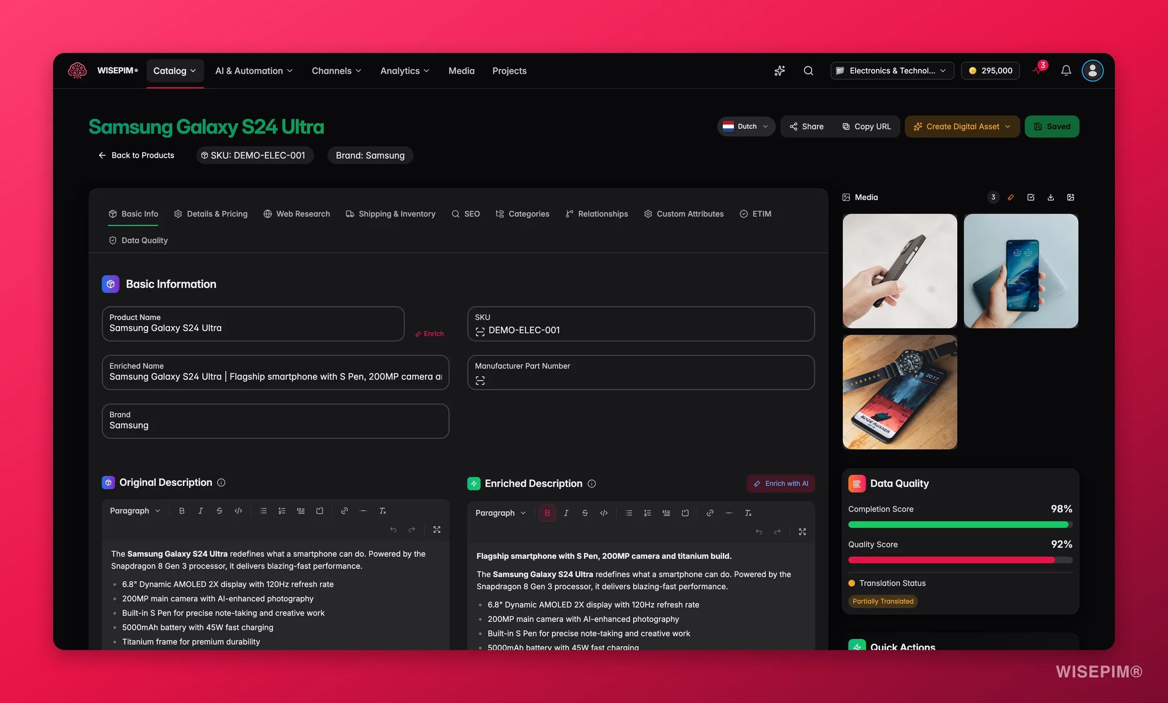 WISEPIM full product editor with tabbed sections and a live quality/completion sidebar