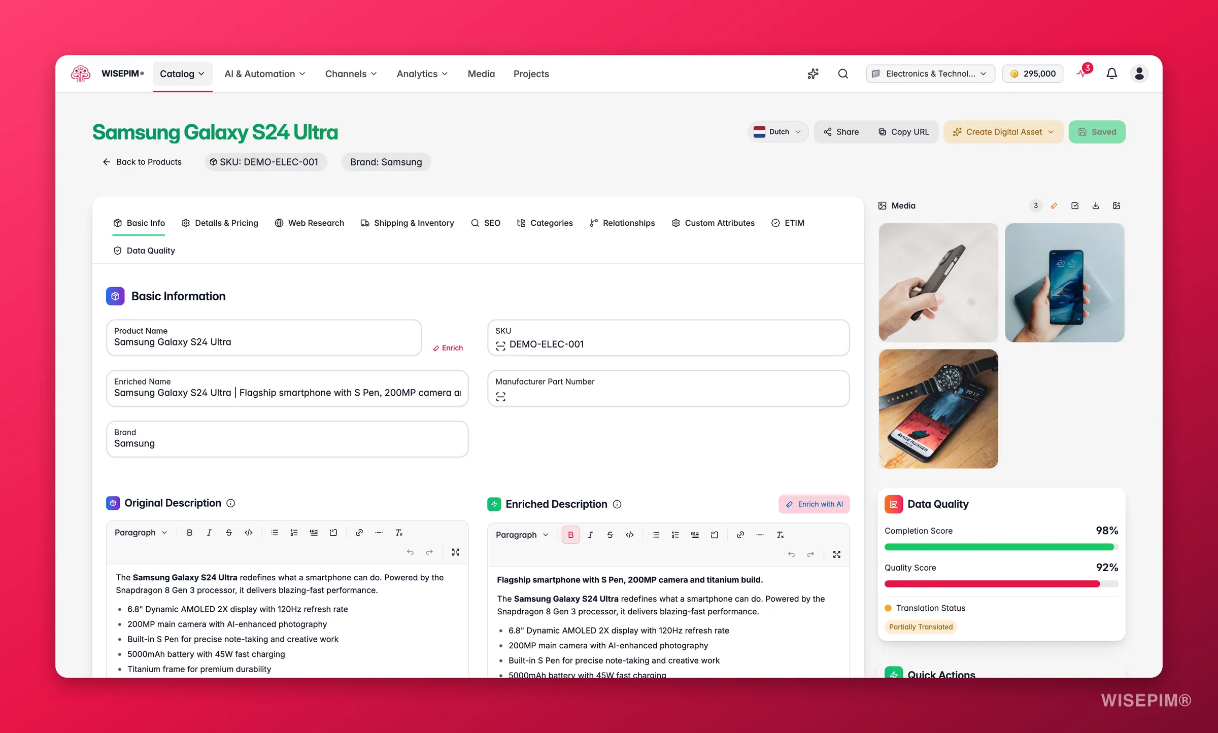 WISEPIM full product editor with tabbed sections and a live quality/completion sidebar
