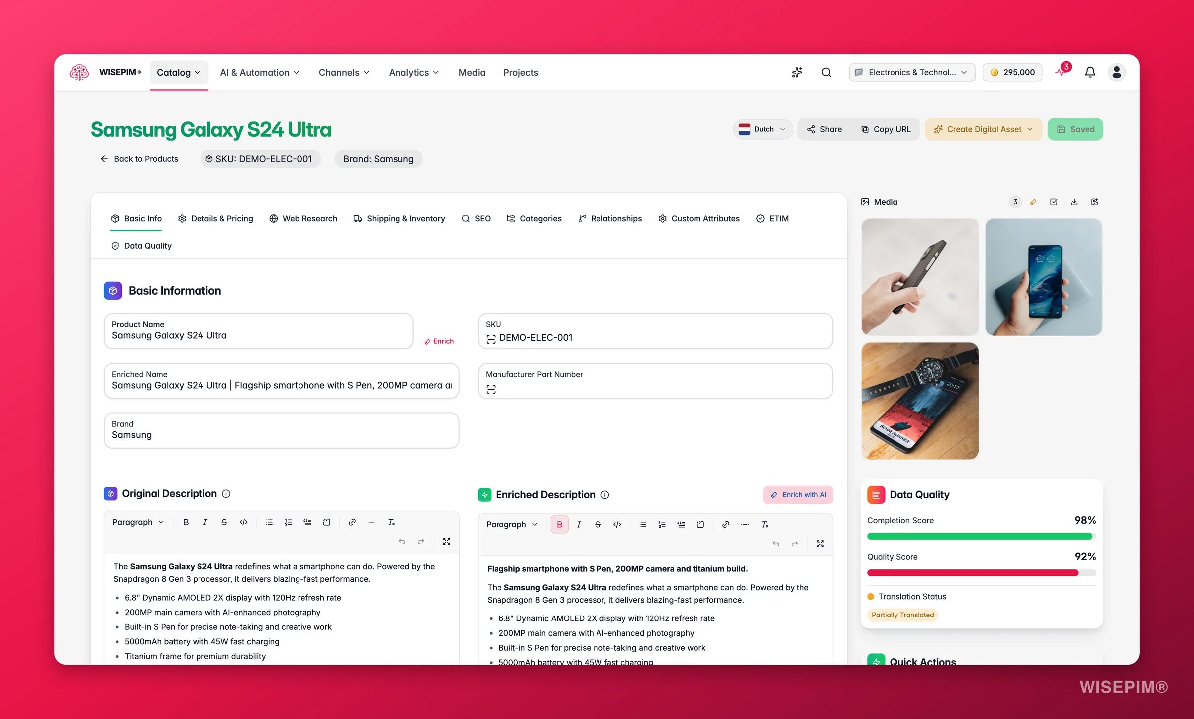 WISEPIM full product editor with tabbed sections and a live quality/completion sidebar