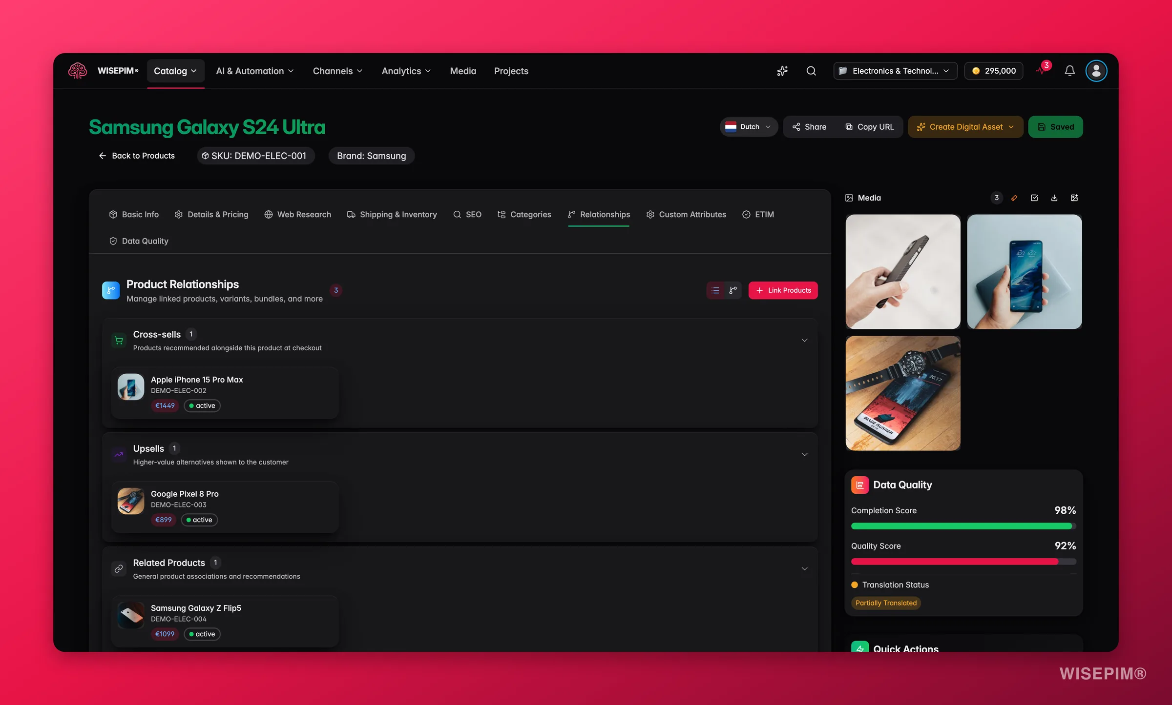WISEPIM product editor Relationships tab linking variants, cross-sells and related products