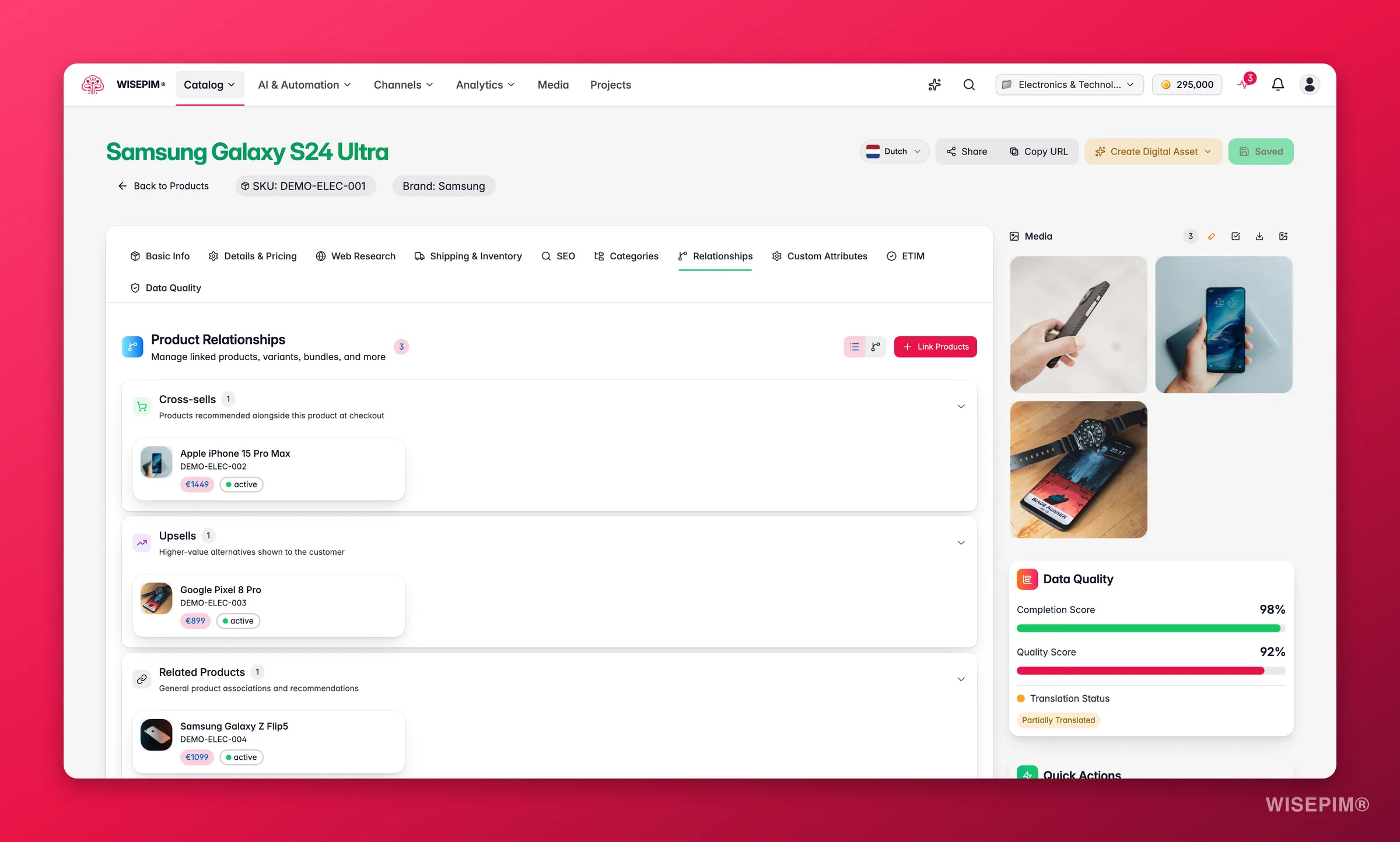 WISEPIM product editor Relationships tab linking variants, cross-sells and related products