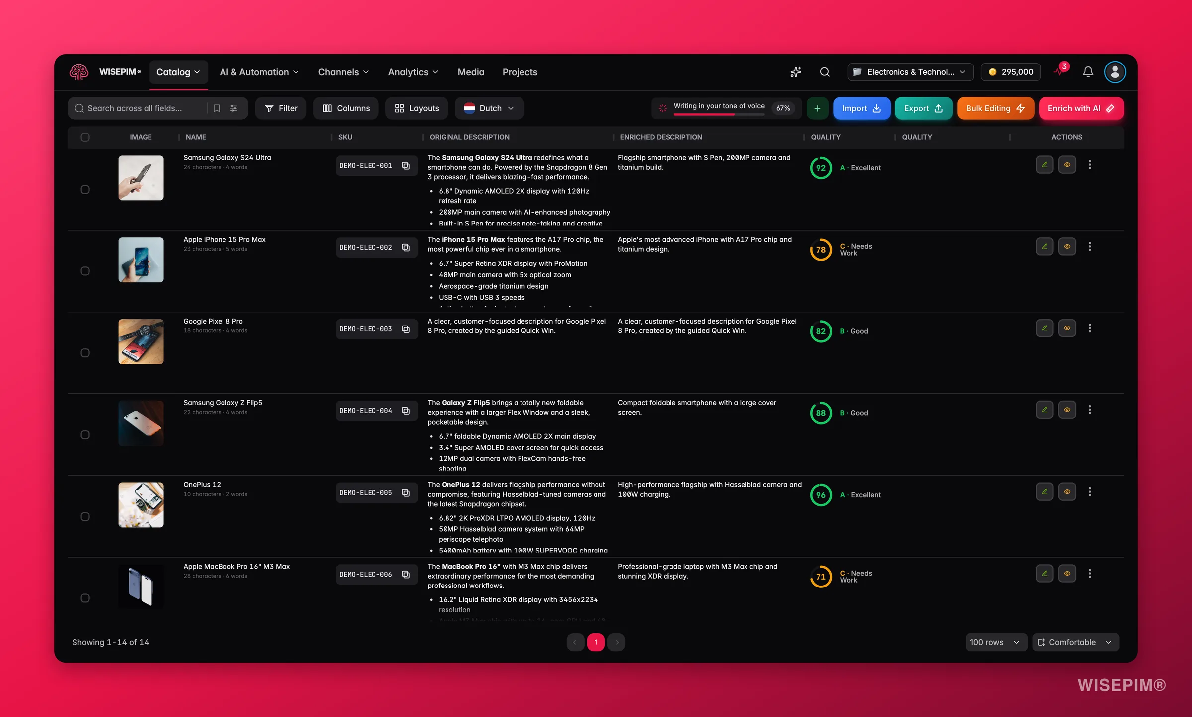 WISEPIM products table with images, categories, quality scores and bulk actions